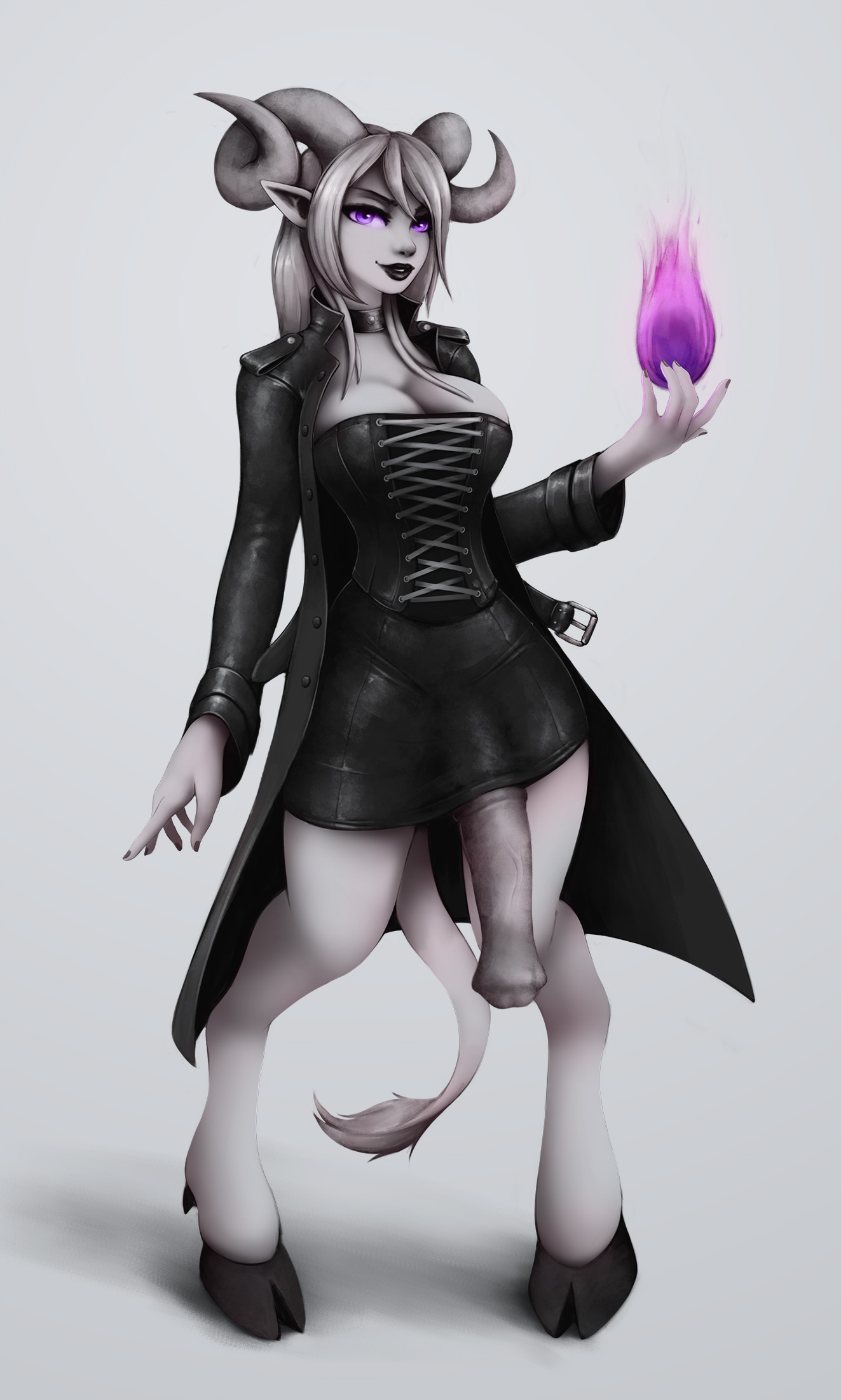 1futa, animal genitalia, animal genitalia on humanoid, breasts, cleavage, clothed, clothing, corset, curved horn, curved horns, futa only, futanari, grey hair, grey skin, hooves, horns, horny, horsecock, horsecock on humanoid, huge cock, humanoid, impracticalart, intersex, looking at viewer, magic, mostly clothed, penis, penis through leghole, purple eyes, solo, standing, tail
