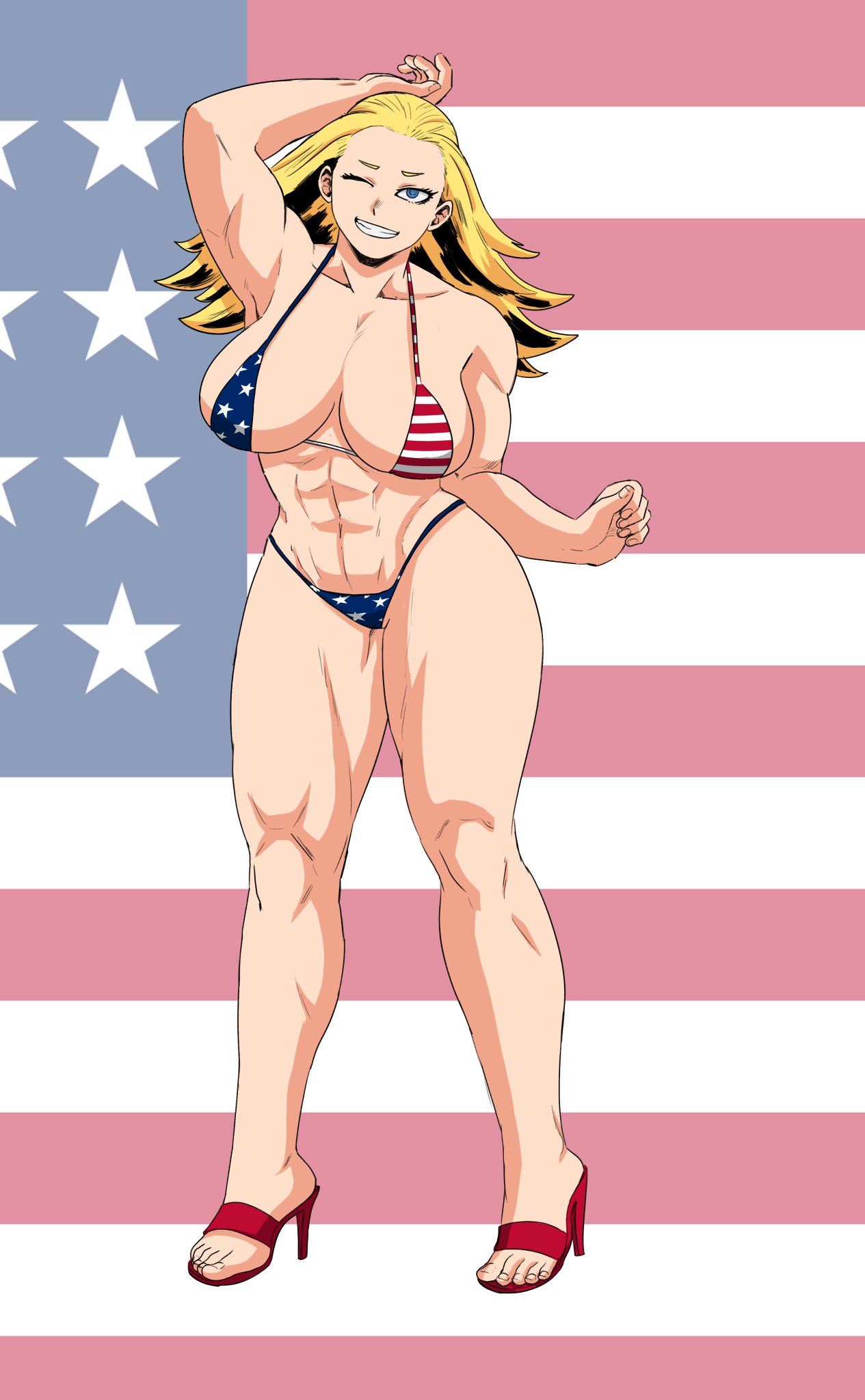abs, american flag bikini, blonde female, blonde hair, blue eyes, boku no hero academia, cathleen bate, feet, female, high heels, light skin, light-skinned female, mfuncen, muscular, muscular female, my hero academia, star and stripe (boku no hero academia), star and stripe (my hero academia), thick thighs