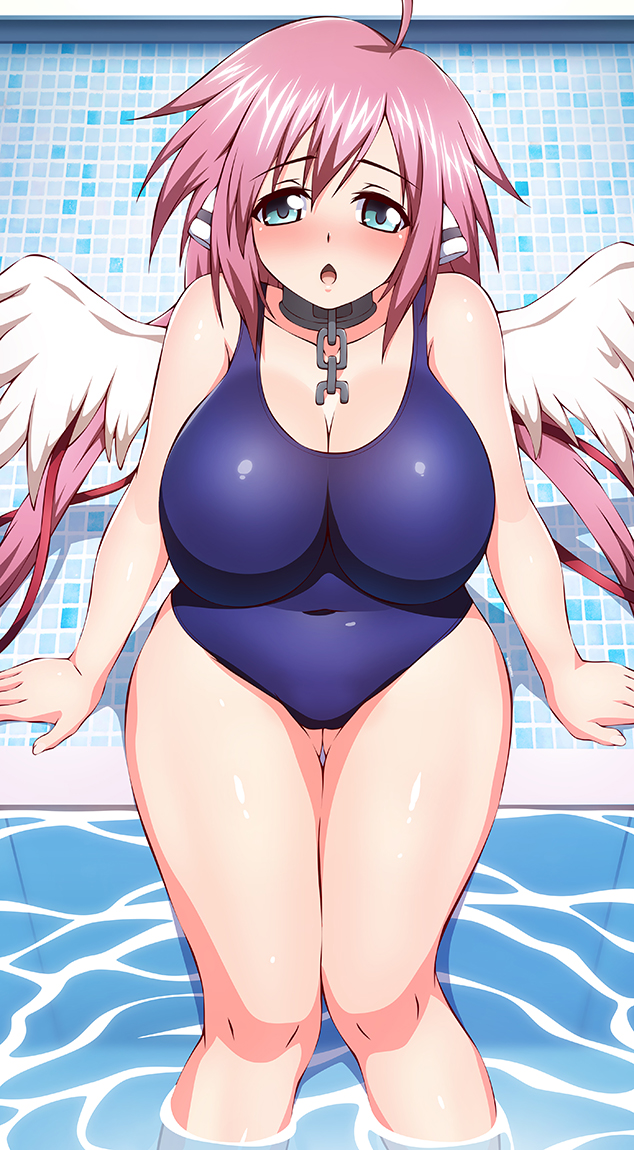 1girls 2021 alternate_version_available angel_wings blue-senpai blue_eyes blush breasts collar female female_only hair_ribbon huge_breasts ikaros long_hair looking_at_viewer open_mouth pink_hair pool poolside shiny_skin solo sora_no_otoshimono swimsuit twintails wings