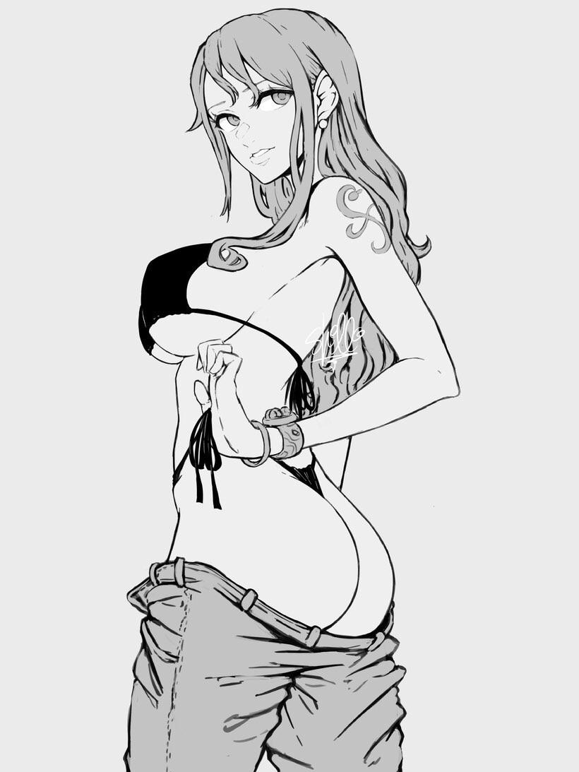 1girls ass ass_cleavage big_ass big_breasts bikini bra butt_crack curvy curvy_figure ear_piercing female female_only greyscale jeans long_hair nami one_piece pants_down partially_clothed plain_background shellmaru solo tattoo thong