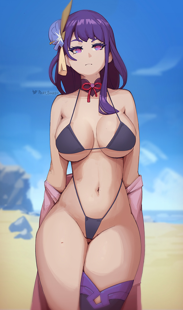 1girls, beach, bikini, bikini bottom, bikini top, female, female focus, female only, genshin impact, light skin, light-skinned female, looking at viewer, mostly nude, navel, pale skin, pale-skinned female, phat smash, purple eyes, purple hair, raiden shogun, simple background, solo, solo female, solo focus, thick thighs, wide hips