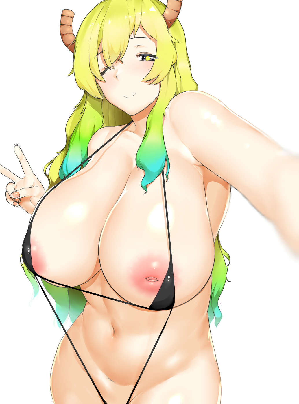 1girls alternate_version_available areolae bad_id bad_pixiv_id black_swimsuit blonde_hair blush breasts cleavage closed_mouth commentary dragon_girl dragon_horns eyebrows_visible_through_hair female gradient_hair green_hair highres horns huge_breasts inverted_nipples kobayashi-san_chi_no_maidragon large_areolae long_hair looking_at_viewer lucoa miss_kobayashi's_dragon_maid multicolored_hair navel nipple_slip nipples nnoelllll noel_(nnoelllll) one_eye_closed outstretched_arm quetzalcoatl_(dragon_maid) shiny shiny_hair shiny_skin simple_background slingshot_swimsuit slit_pupils smile solo standing swimsuit v white_background yellow_pupils