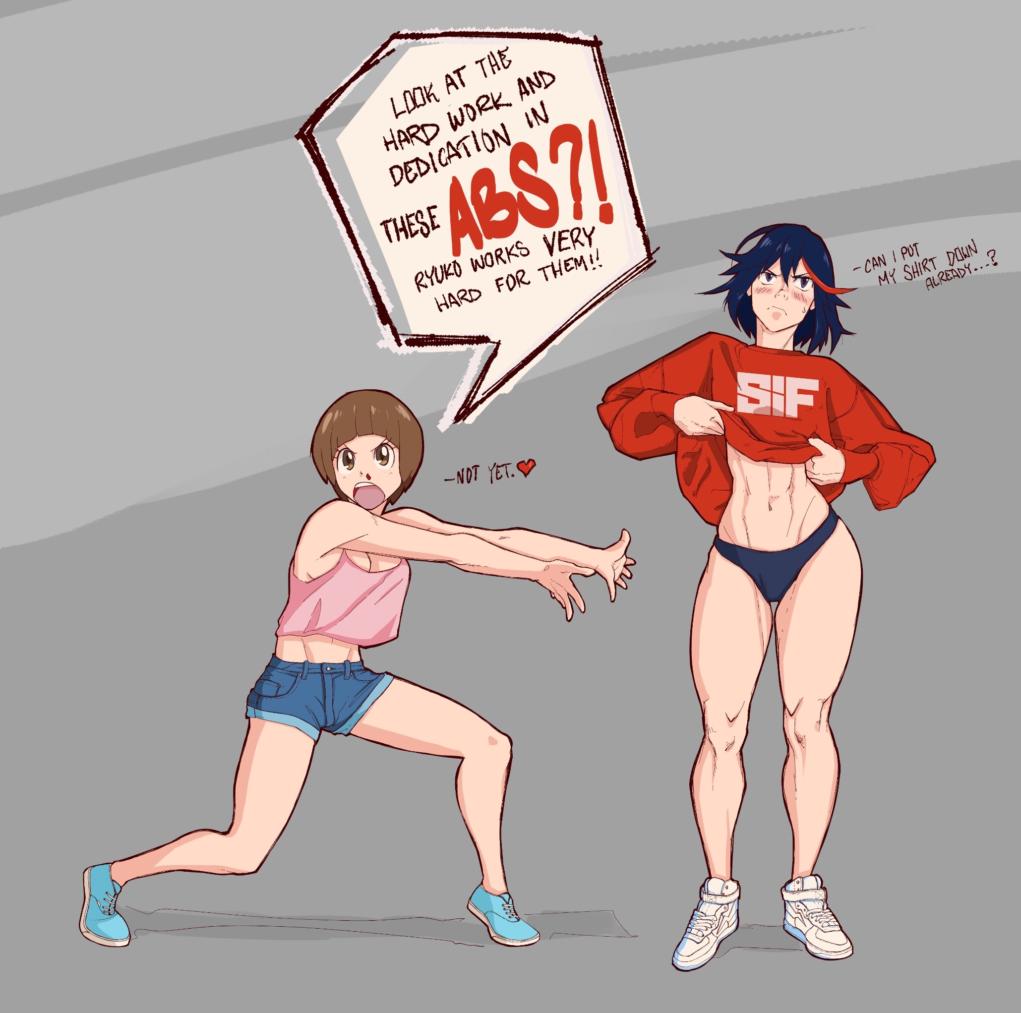 2girls, abs, adult swim, annoyed, assisted presentation, baggy sweater, bare legs, big sweater, bottomless, dyed hair, embarrassed, english text, female, female only, fit female, full body, horny female, kill la kill, legs, looking at viewer, mankanshoku mako, matoi ryuuko, muscular, muscular thighs, no pants, nosebleed, panties, presenting another, sanchezisfine, showing off, standing, sweater, sweater lift, text, thick thighs, thighs, toned female, toonami, underwear