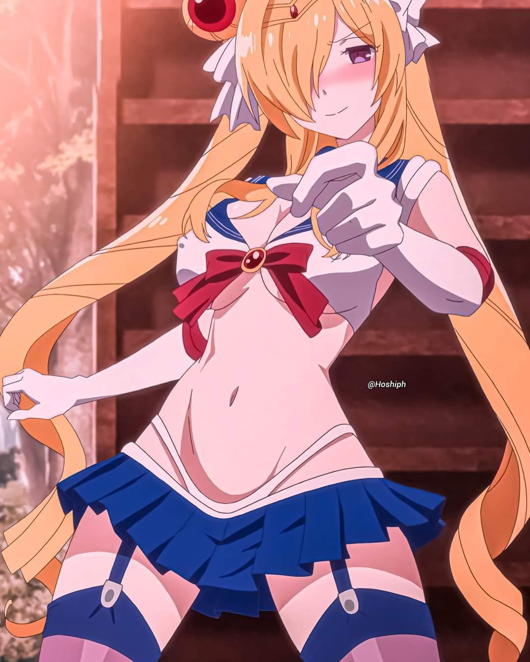 1girls artist_name belly_button bishoujo_senshi_sailor_moon blonde_hair blush blushing boobs character_request cleavage clothing cosplay erect_nipples erect_nipples_under_clothes female female_only flustered frey_(megami-ryou_no_ryoubo-kun) garter_straps hair_over_one_eye hoshiph megami-ryou_no_ryoubo-kun miniskirt navel purple_eyes sailor_moon_(cosplay) skirt small_breasts solo stockings tagme thighhighs