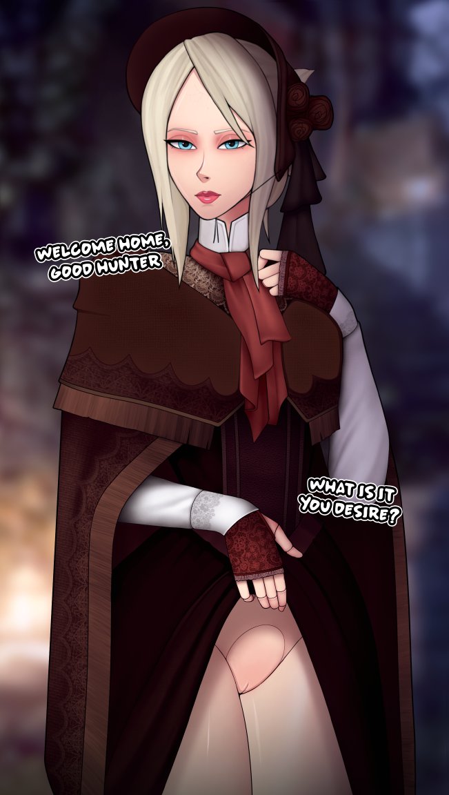 1girls, 2d, bloodborne, bonnet, dialogue, dress, dress lift, english text, female, female only, fromsoftware, loodncrood, no panties, plain doll, presenting pussy, pussy, shawl, solo, solo female, text