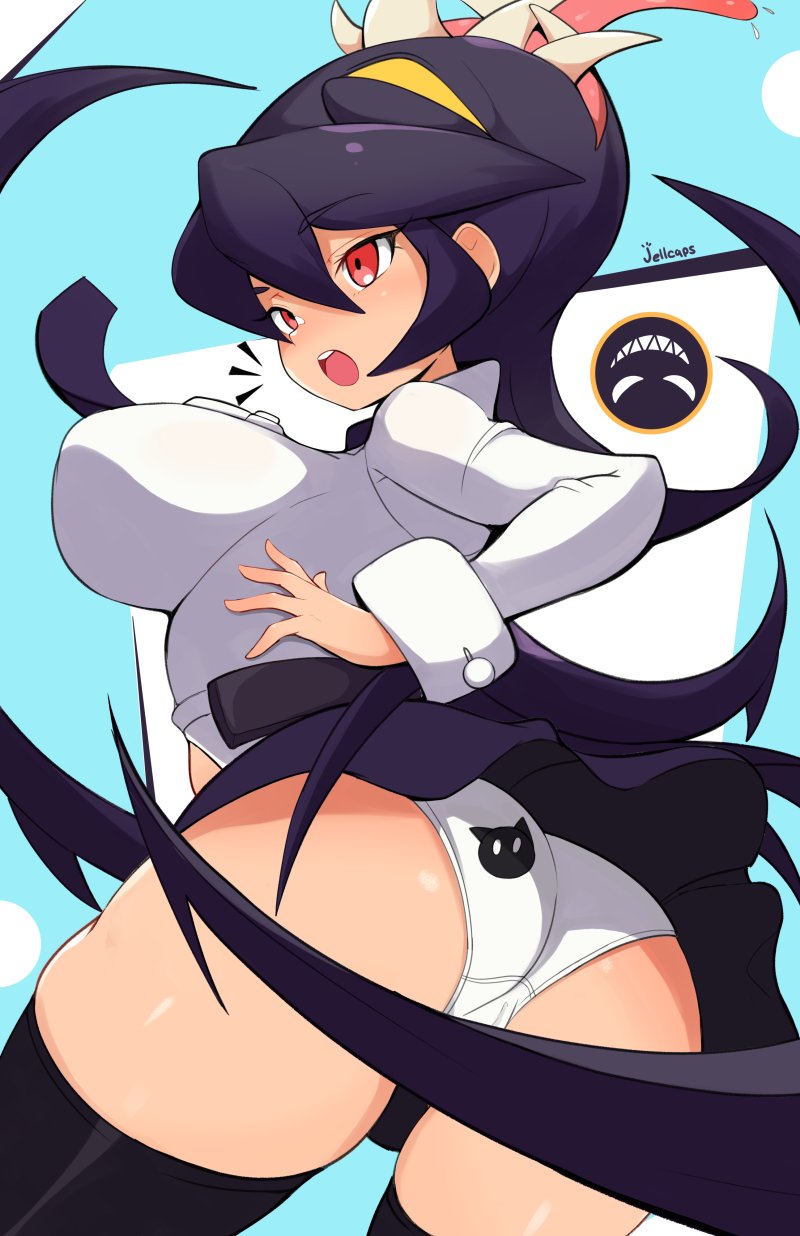 1girls, ass, cat mark, clothed, clothing, dark hair, female, female focus, female only, filia (skullgirls), fully clothed, jellcaps, kitty mark, long hair, necktie, open mouth, panties, pantyshot, pantyshot (standing), parasite, pov, purple hair, purple necktie, purple stockings, red eyes, samson (skullgirls), school uniform, schoolgirl, skullgirls, sleeves, solo, solo focus, standing, stockings, thighhighs, tongue, tongue out, upskirt, white panties, white shirt, yellow eyes