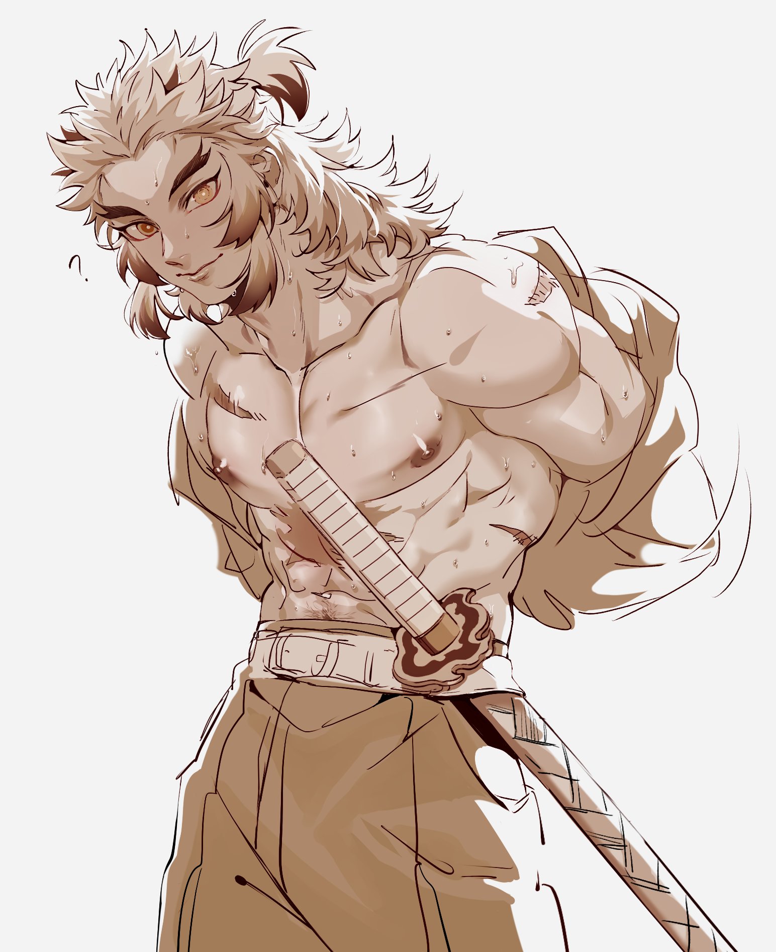 ?, abs, bare chest, demon slayer, kimetsu no yaiba, long hair, long-haired male, looking at viewer, male, male only, monochrome, muscular, muscular male, pecs, pubic hair peek, ratchetduwang, rengoku kyoujurou, scars, smile, solo, sweat, sword, thick eyebrows, tied hair, undressing