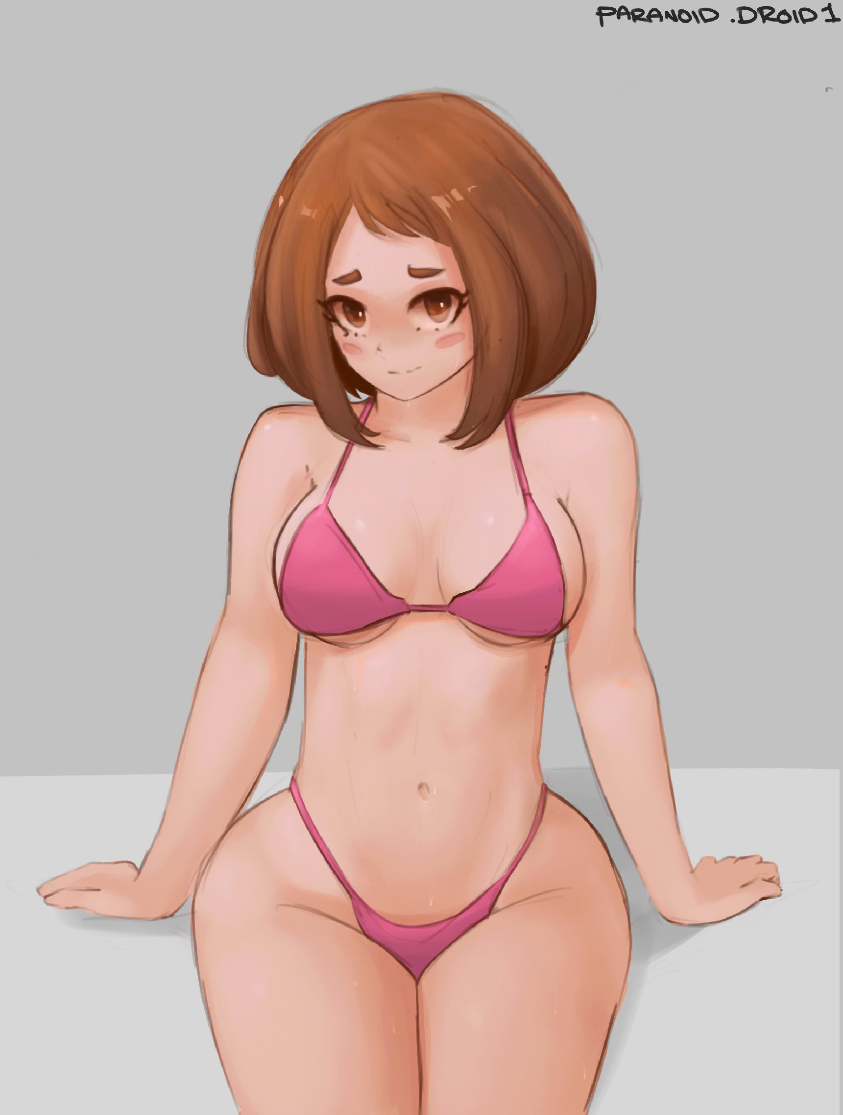 1girls, belly, bikini, bikini bottom, bikini top, blush, breasts, brown hair, embarrassed, female, female focus, female only, looking at viewer, my hero academia, navel, ochako uraraka, paranoiddroid, pink bikini, pink bikini bottom, pink bikini top, sitting, solo, solo female, solo focus, thick thighs, thighs