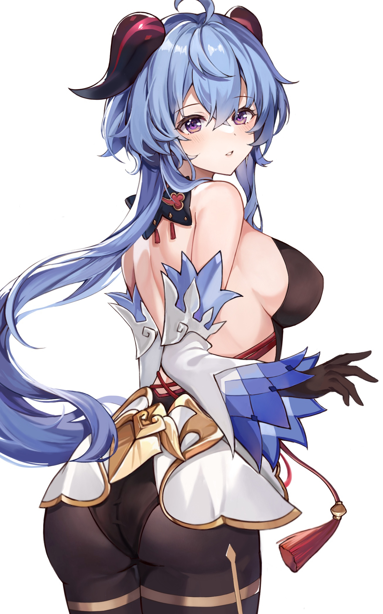 ahoge, ass, back, backless outfit, bangs, bare shoulders, black gloves, black legwear, blue hair, bow, bowtie, breasts, cowboy shot, curled horns, detached sleeves, female, from behind, ganyu (genshin impact), genshin impact, gloves, gold trim, highres, horns, large breasts, leotard, leotard under clothes, long hair, looking at viewer, muki (muki kunxd), purple eyes, sideboob, solo, tassel, thighlet, white background, white sleeves