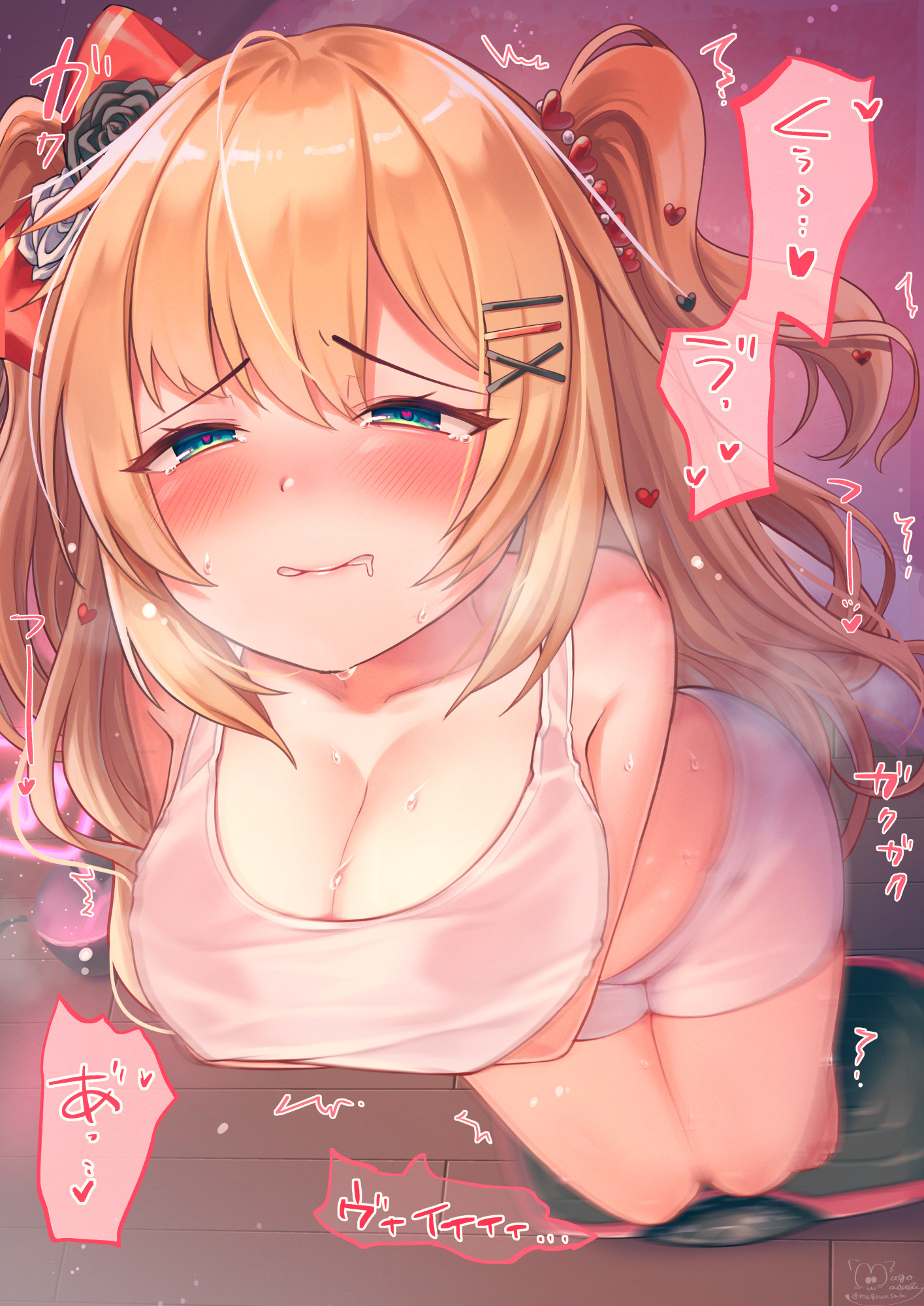 1girls, akai haato, big breasts, blonde hair, blue eyes, blush, breasts, crying, dacryphilia, female, haachama, hololive, hololive gen 1, hololive japan, japanese text, magowasabi, nipple bulge, thighs, vibrator, vibrator under clothes, virtual youtuber