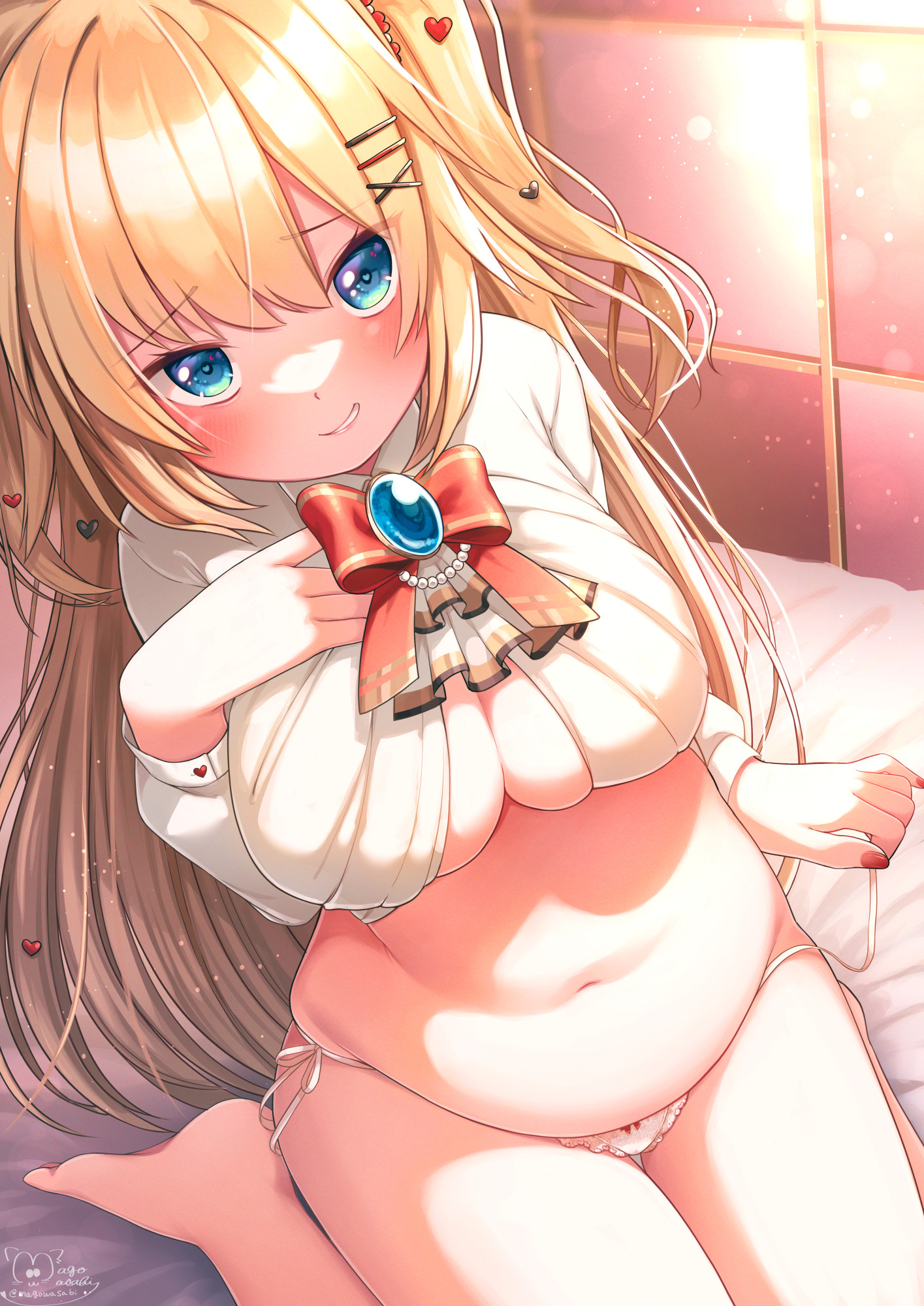 akai haato, big breasts, blonde hair, blue eyes, blush, bra, breasts, chubby, female, haachama, hololive, hololive gen 1, hololive japan, lingerie, magowasabi, navel, panties, thick thighs, thighs, virtual youtuber