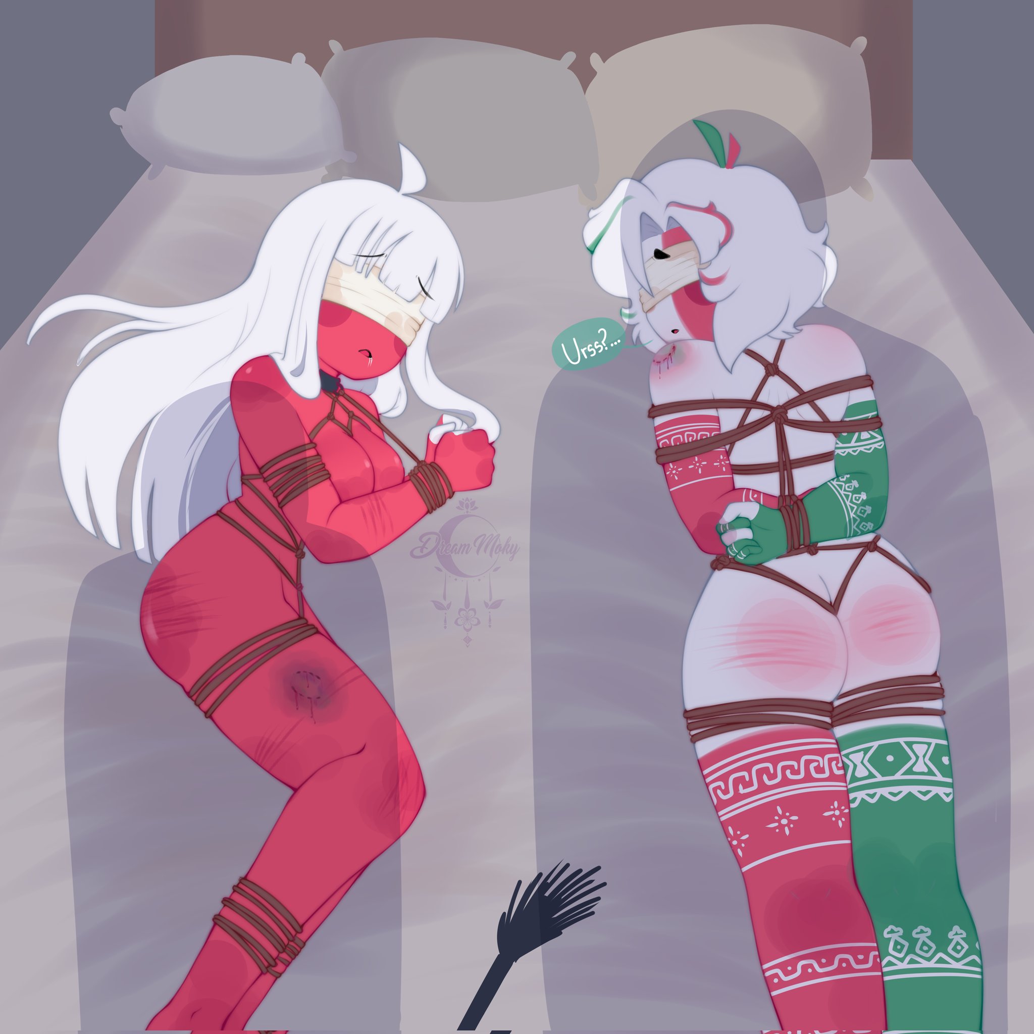 1boy, 1girls, arms behind back, bed, bite mark, blindfold, bondage, breasts, countryhumans, countryhumans girl, dream moky, female, femboy, femsub, hands behind back, male, male and female subs, malesub, mexico, mexico (countryhumans), multiple subs, nude, poland (countryhumans), red skin, rope, shadow, whip, whip marks, white hair