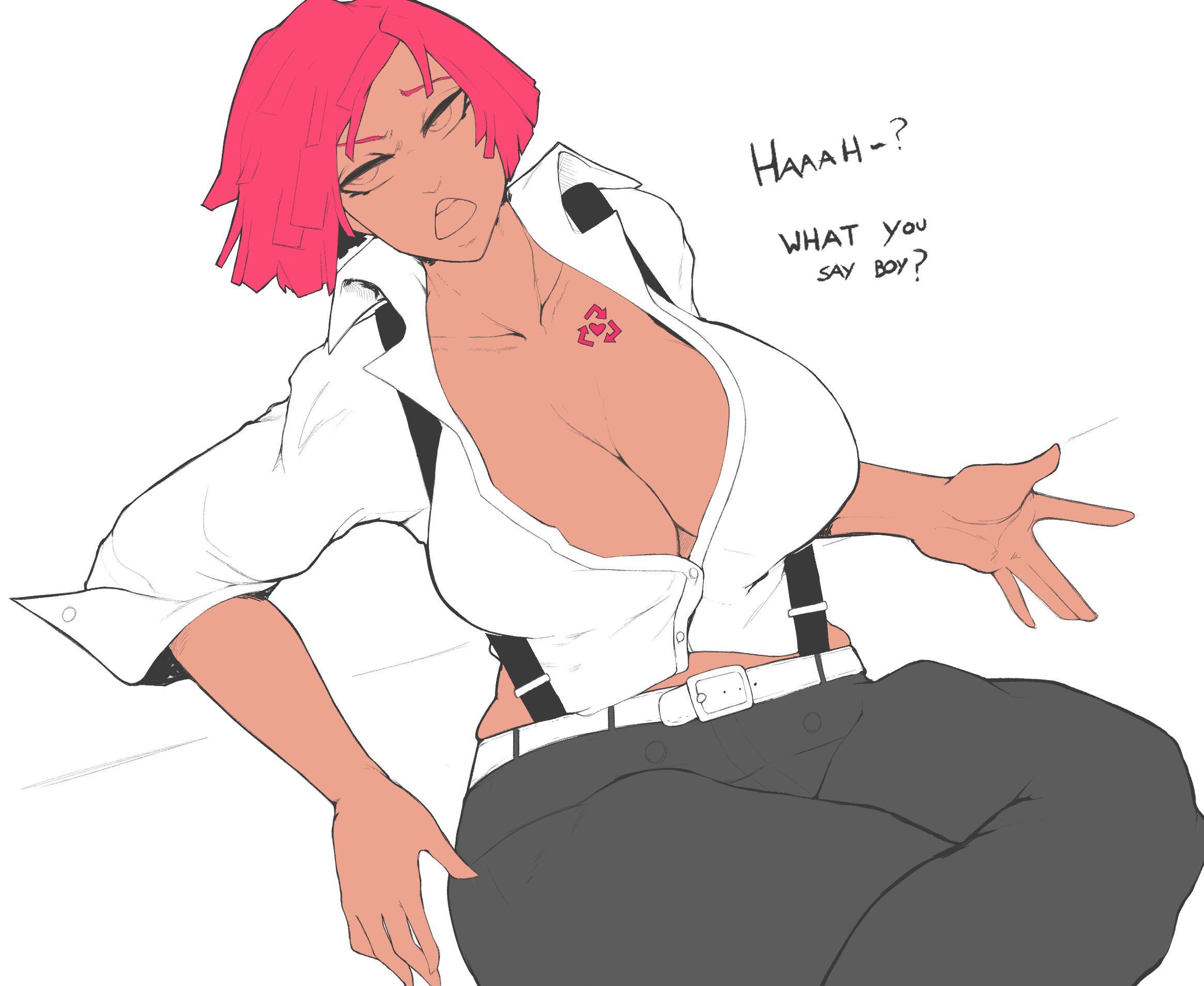 big breasts, bob cut, brazilian, brazilian female, breasts, english text, female, giovanna (guilty gear), guilty gear, red hair, short hair, smoxul, suspenders, voluptuous, wide hips
