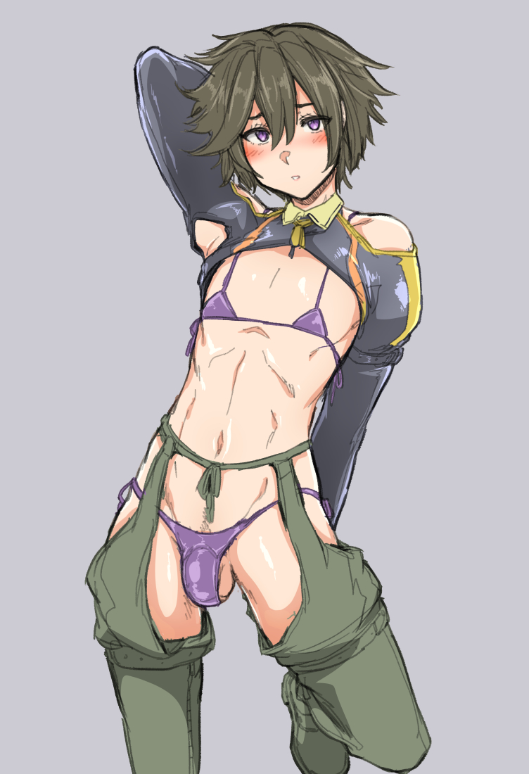 1boy armpit_cutout balls blush bulge crotchless_pants eye_contact femboy garter_straps kizuki_rei looking_at_viewer male micro_bikini original partially_clothed penis_bulge pubic_hair pubic_tuft purple_bikini purple_eyes short_hair skimpy_clothes small_penis solo standing testicles thighs