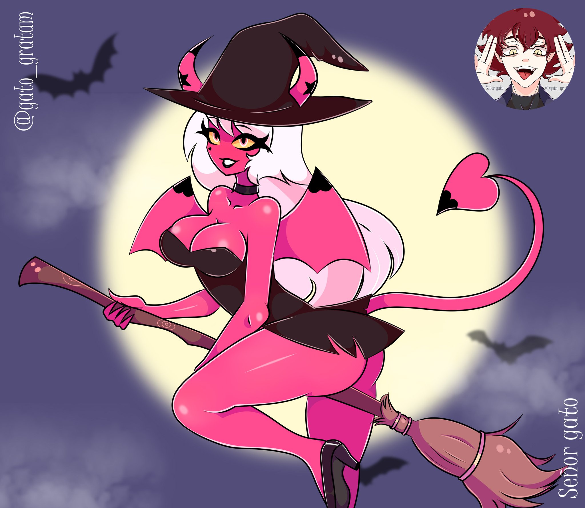 demon, demon girl, demon tail, demon wings, female, halloween, halloween costume, helluva boss, horns, pink eyes, pink skin, solo, succubus, verosika mayday (helluva boss), white hair, wings, witch costume, witch hat, yellow sclera
