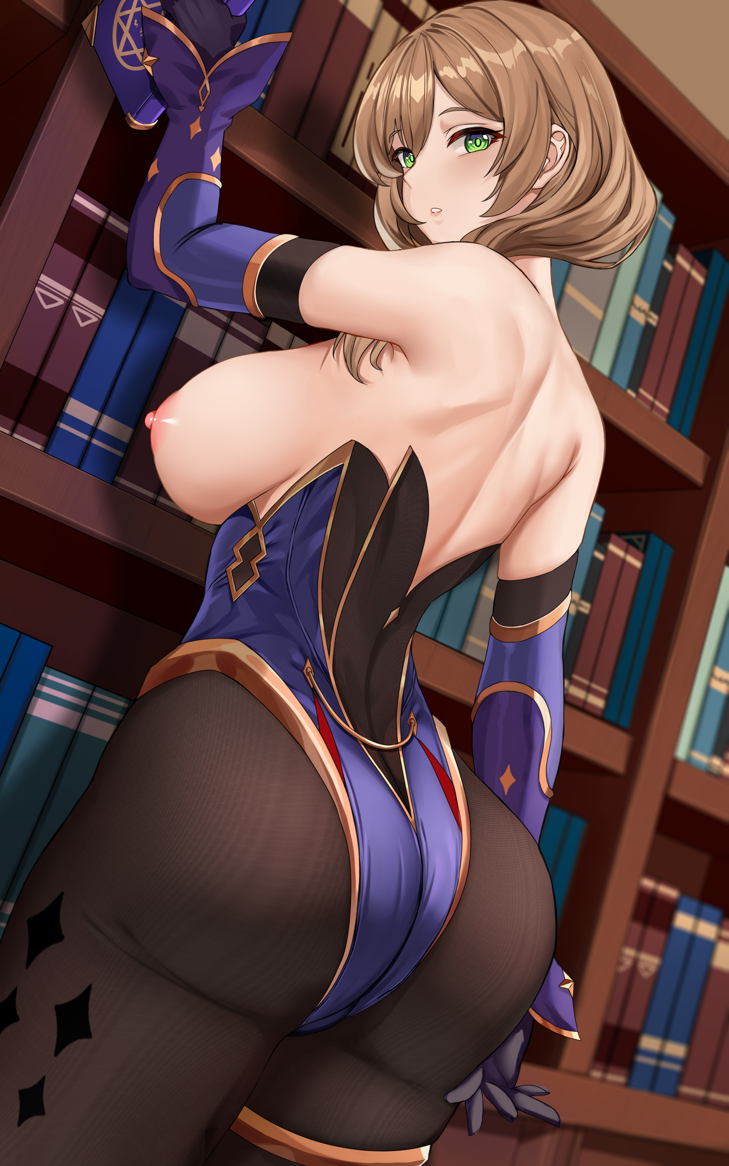 1girls, 2021, areolae, artist signature, ass, ass focus, back, back view, backless outfit, breasts, breasts out, brown hair, clothed, clothed female, erect nipples, female, female focus, female only, genshin impact, green eyes, hi res, highleg leotard, huge ass, huge breasts, large areolae, leggings, leotard, library, light-skinned female, lisa (genshin impact), looking at viewer, looking back, looking over shoulder, medium hair, mona (genshin impact) (cosplay), nipples, no hat, outfit swap, piukute062, side ponytail, sideboob, solo, tight clothing, tight fit, very high resolution
