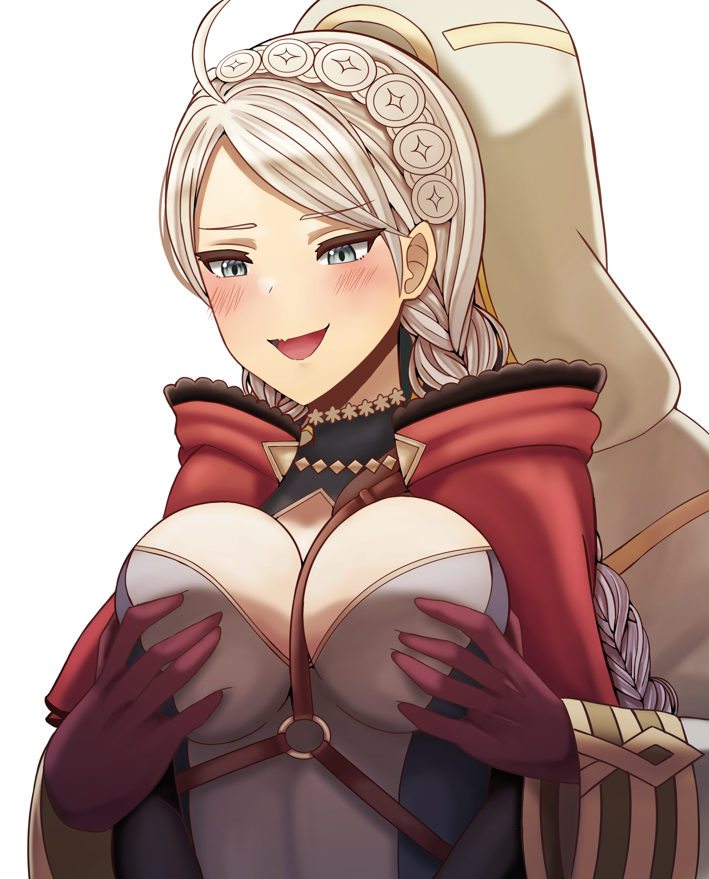 1boy, 1girls, absurdres, ahoge, alternate breast size, bangs, big breasts, blue eyes, braid, breast grab, breasts, choker, cloak, commission, double breast grab, female, fire emblem, fire emblem fates, fire emblem heroes, gloves, grabbing, hairband, harness, highres, kiran (fire emblem), kiran (fire emblem) (male), large breasts, long hair, male, naughty face, nina (fire emblem), nintendo, open mouth, png, saikunartworks, straight, transparent background, twin braids, white background