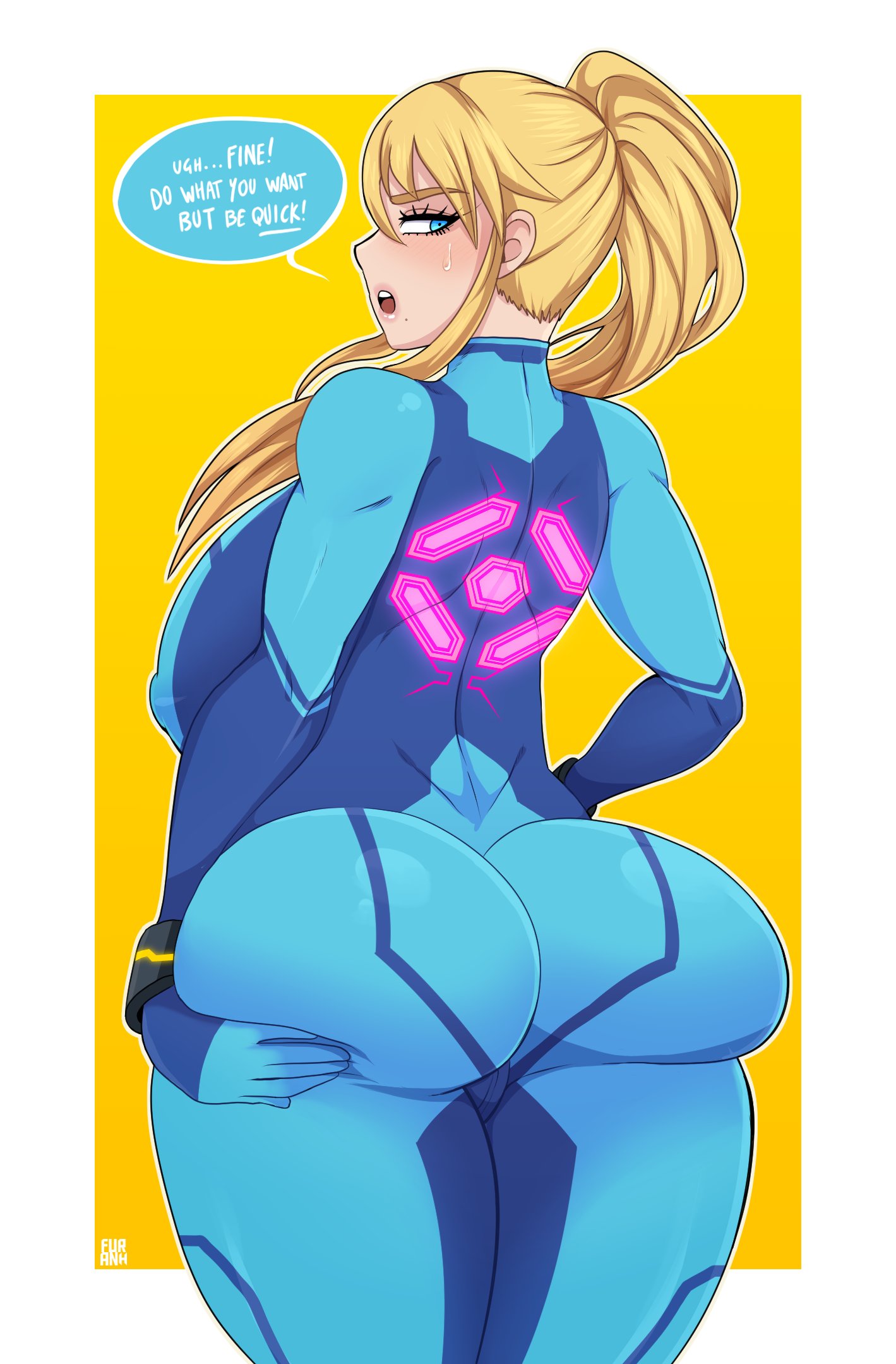 1girls, alternate breast size, ass, big ass, bimbo, bodysuit, breasts, female, female only, furanh, huge ass, huge breasts, looking at viewer, looking back, metroid, nintendo, samus aran, solo, text, thick thighs, thunder thighs, wide hips, zero suit, zero suit samus