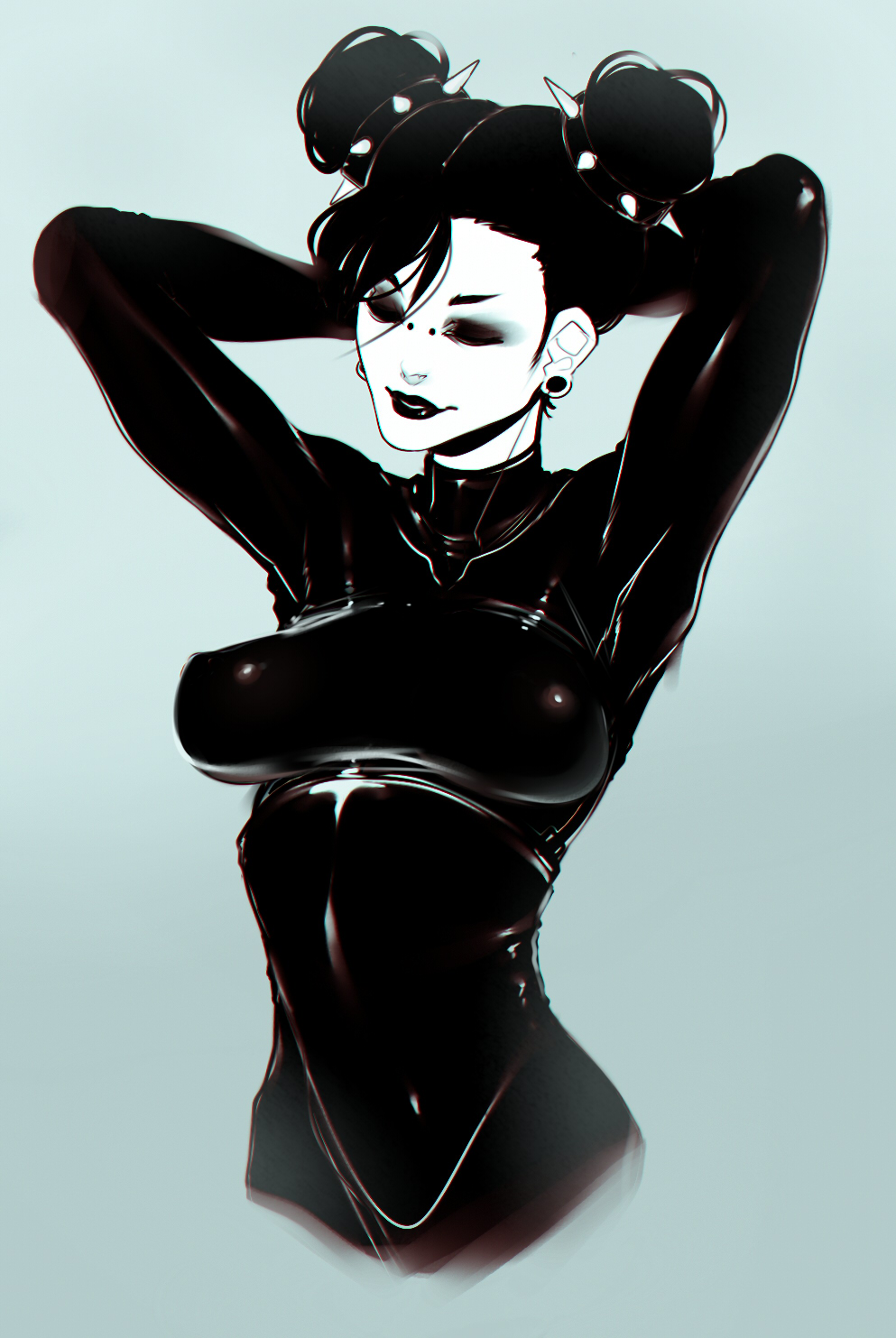 1girls black_lipstick capcom chun-li goth gothified latex latex_suit nipple_bulge stickysheep street_fighter tagme