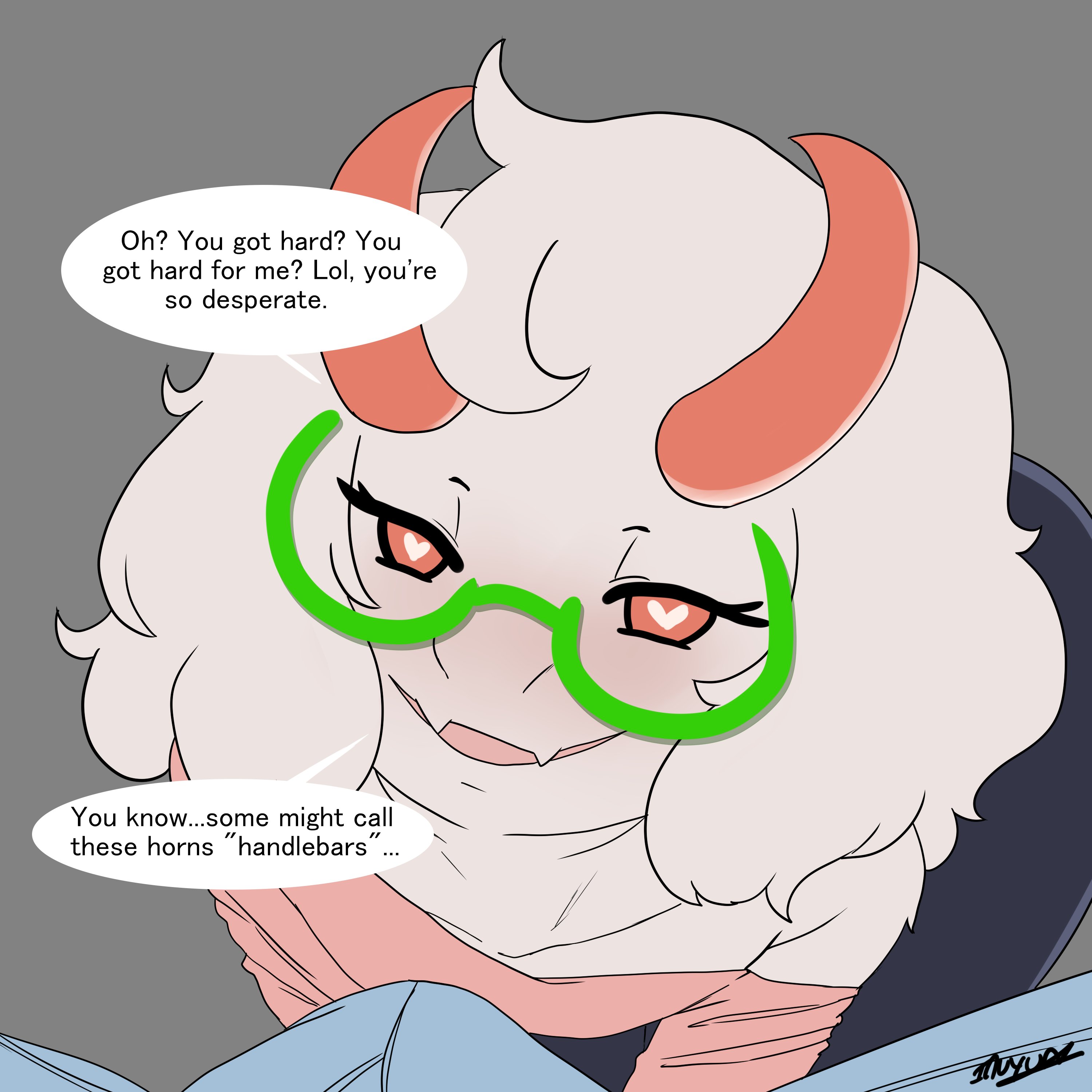2boys, 2d, anthro, anthro male, blush, bulge, caprine, cute, deltarune, dialogue, english text, furry, furry male, gay, glasses, goat, goat horns, heart-shaped pupils, horns, inuyuru, male, male only, male pov, multiple boys, multiple males, pink eyes, pink horns, pov, ralsei, talking, text, undertale (series), yaoi