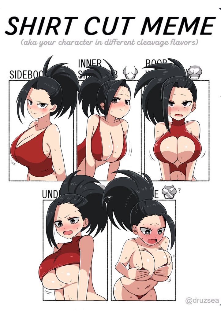 1girls, 89314kishi, big breasts, black hair, black-haired female, blush, breasts, female, large breasts, looking at viewer, momo yaoyorozu, multiple views, my hero academia, shirt cut meme, solo