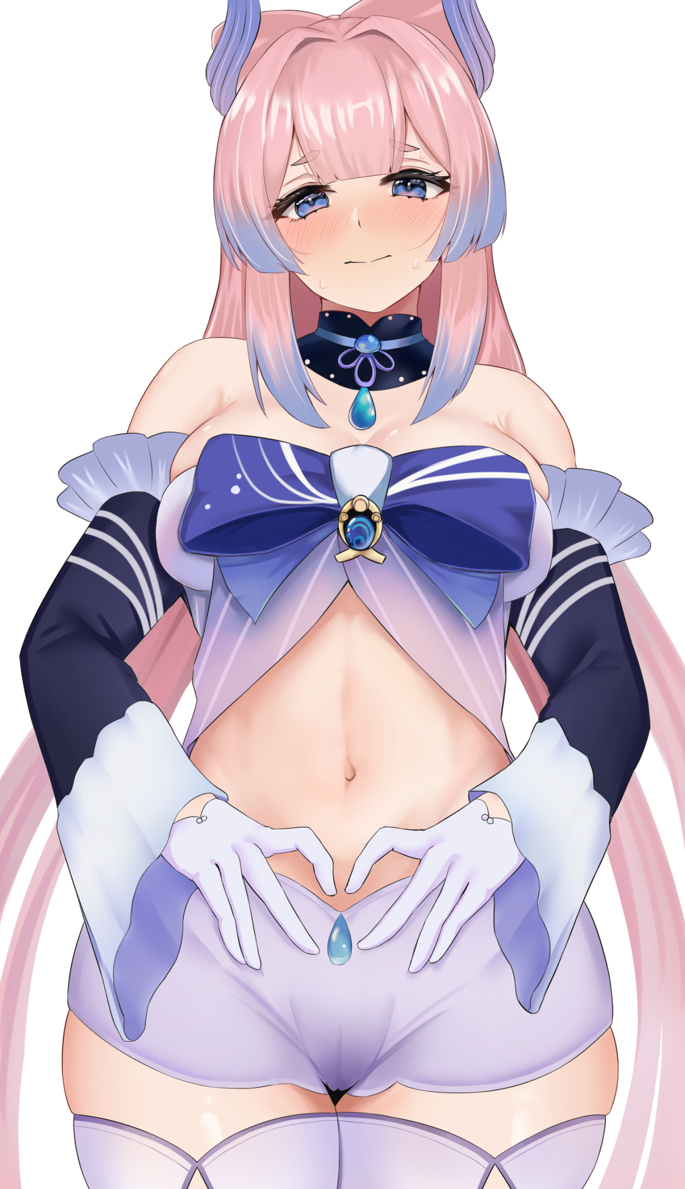 1girls, belly, belly button, blue eyes, blush, bow, bowtie, breasts, cameltoe, cleavage, female, female only, genshin impact, heart, hi res, looking at viewer, midriff, navel, pink hair, pussy, sangonomiya kokomi, short shorts, shorts, solo, sweat, thighhighs