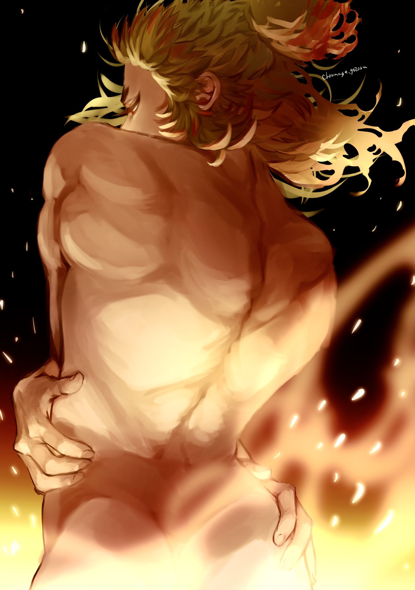 ass, back muscles, back view, black background, blonde hair, chonmage.gozaru, demon slayer, detailed, dio pose, fire, jojo reference, kimetsu no yaiba, male, male only, muscles, muscular, muscular male, nude, painting (artwork), rengoku kyoujurou, self fondle, solo, two-tone hair