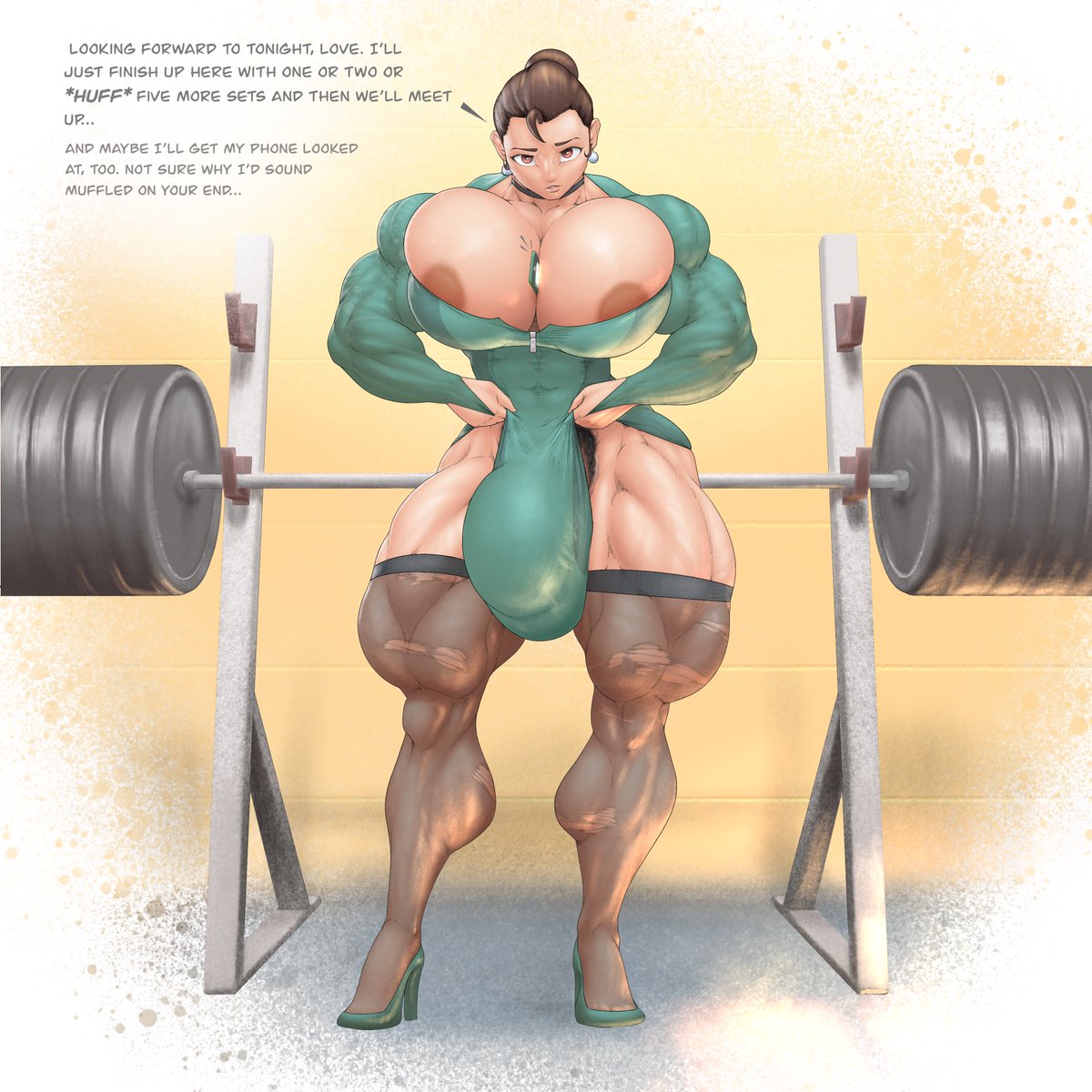 1futa alex_green_(nosunato) areolae balls barbell between_breasts big_areola big_breasts big_bulge big_muscles big_penis breasts brown_hair bulge clothed clothing dialogue dickgirl extreme_muscles futa_only futanari gym huge_cock human hyper_breasts hyper_muscles hyper_penis light_skin mostly_clothed muscles muscular_arms muscular_futanari muscular_legs muscular_thighs nipples nosunato pale_skin penis pubes pubic_hair quadratouring solo standing text thick_penis thick_thighs thighhighs weights