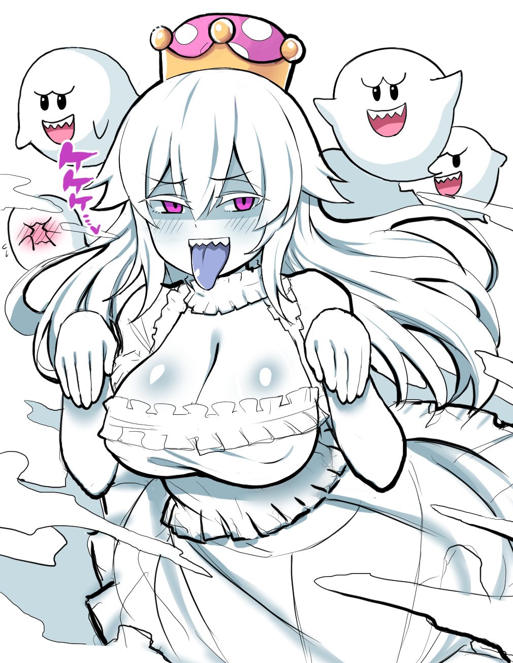1girls, big breasts, blush, boo (mario), boosette, breasts, dress, female, female focus, long hair, luigi's mansion, mario (series), new super mario bros. u deluxe, riririrityou, simple background, tongue, tongue out, white background