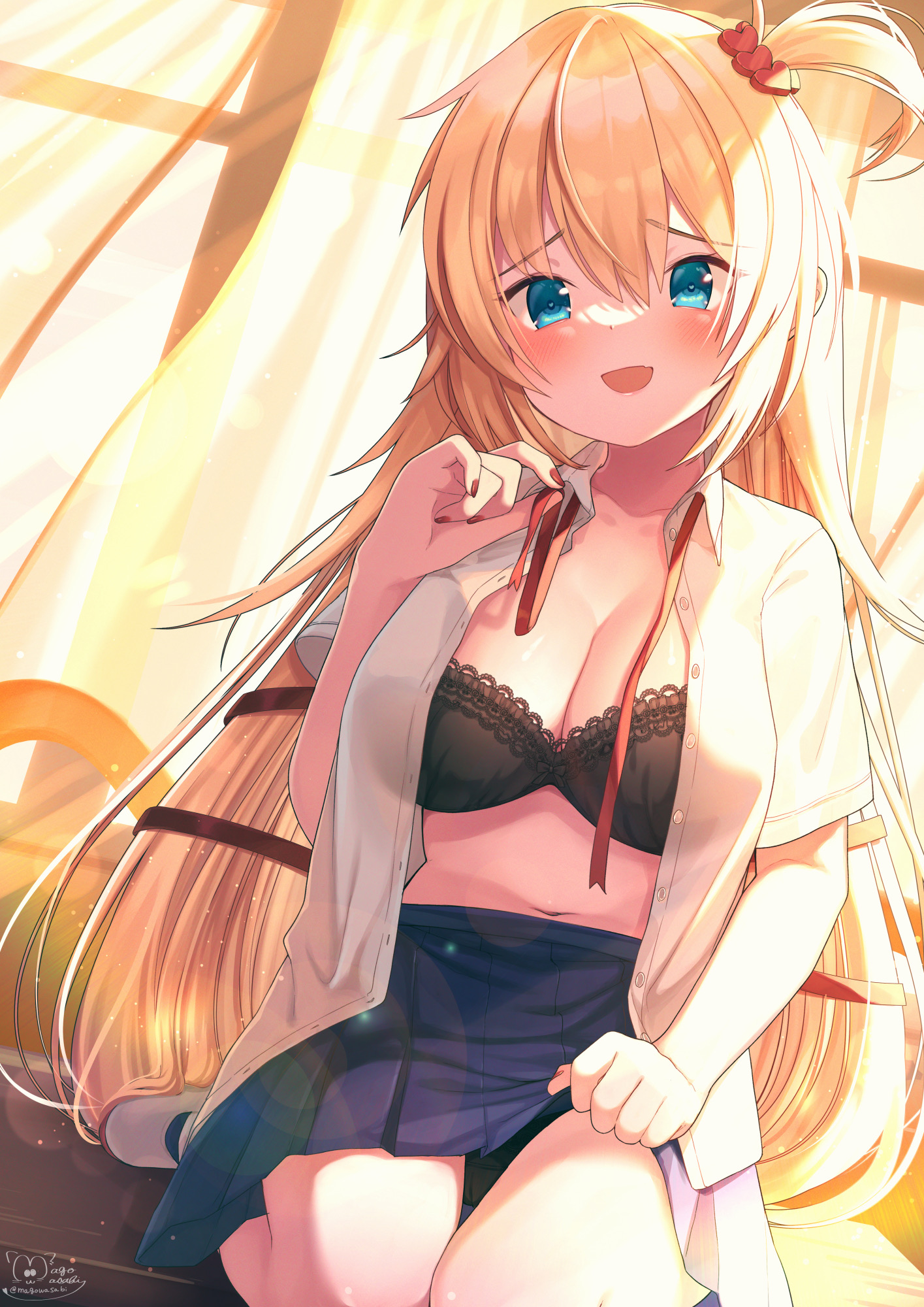 1girls, akai haato, big breasts, blonde hair, blue eyes, blush, breasts, female, haachama, hololive, hololive gen 1, hololive japan, lace, lingerie, lingerie under clothes, magowasabi, midriff, navel, short skirt, thick thighs, thighs, virtual youtuber