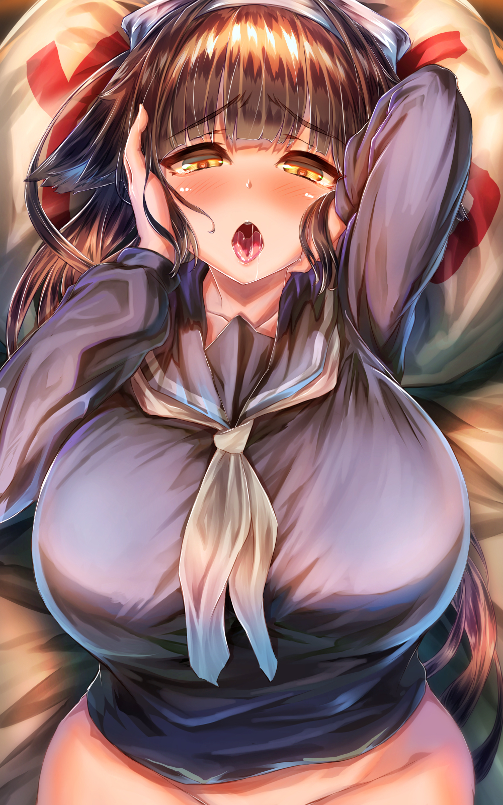 02sajita, 1girls, ahe gao, arms up, azur lane, bangs, breasts, brown hair, eyebrows visible through hair, female, female only, hair ribbon, hand on head, heart-shaped pupils, huge breasts, large breasts, light skin, light-skinned female, lying, lying on back, no panties, open mouth, sakura empire (azur lane), saliva, school uniform, symbol-shaped pupils, takao (azur lane), takao (school romanza) (azur lane), wide hips, yellow eyes