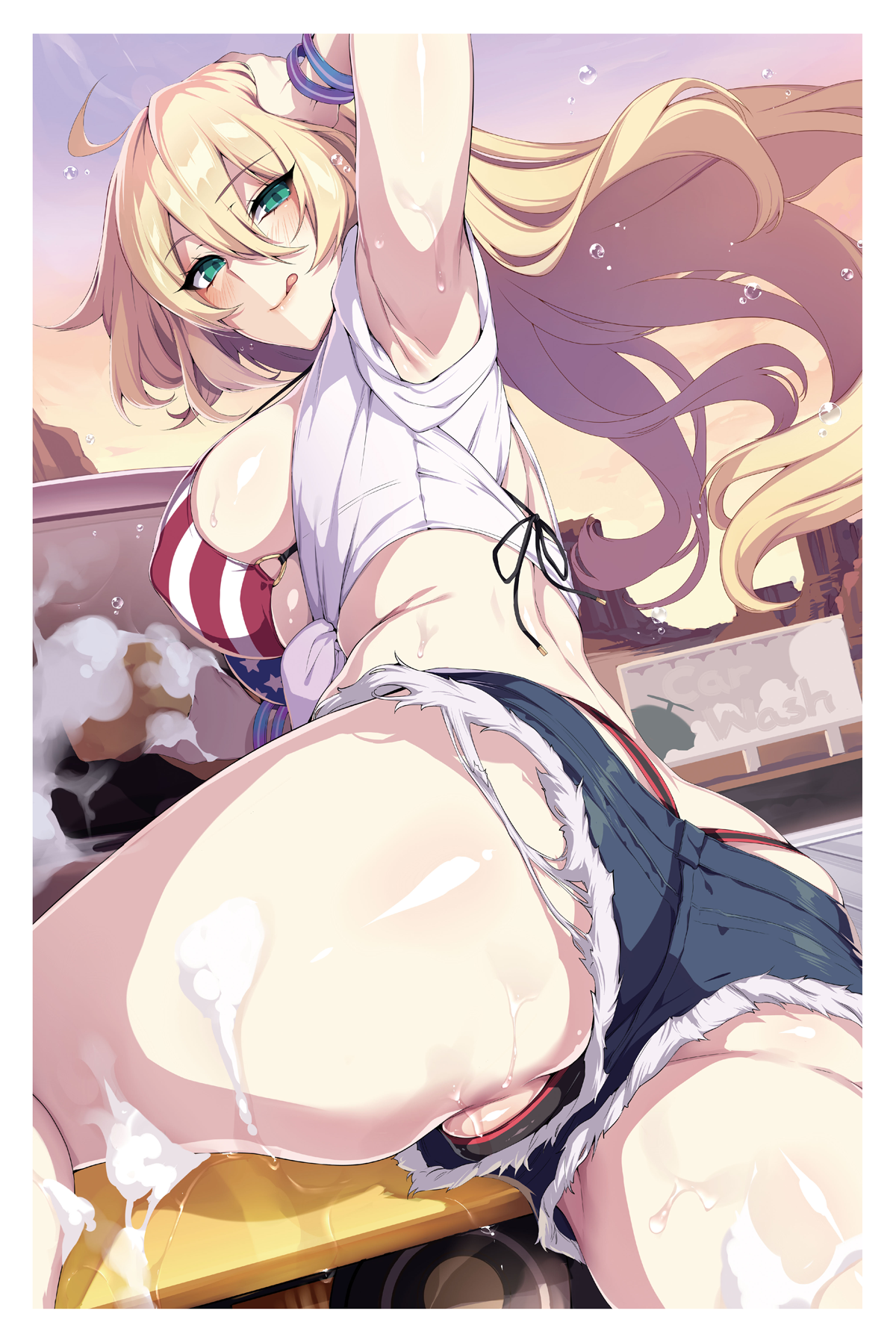 :q, 1girls, ahoge, american flag, american flag bikini, arm up, armpits, ass, bangs, big breasts, bikini, black panties, blonde hair, blue shorts, blush, breasts, closed mouth, covered erect nipples, crop top, cutoffs, day, denim, denim shorts, eyebrows visible through hair, eyelashes, female, female only, flag print, floating hair, from behind, green eyes, hair between eyes, hand on head, hand on own head, highres, large breasts, licking lips, long hair, looking at viewer, looking back, naughty face, non-web source, original, outdoors, panties, partially visible vulva, print swimsuit, pussy, shirt, short shorts, shorts, shoulder blades, skindentation, soap bubbles, solo, solo female, swimsuit, thick thighs, thighs, tongue, tongue out, underwear, upshorts, wet, white shirt, wristband, zeroshiki kouichi