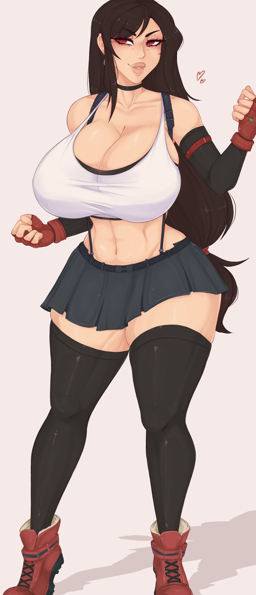 1girls, 2021, 2d, abs, belly button, big breasts, breasts, brown hair, cleavage, clothed, clothed female, female, female focus, female only, final fantasy, final fantasy vii, final fantasy vii remake, hips, huge breasts, light skin, light-skinned female, long hair, looking at viewer, mole, mole on breast, mole under eye, naughty face, pale skin, pale-skinned female, red eyes, short skirt, simple background, slim waist, solo, spookiebuni, square enix, suggestive look, tank top, thick lips, thick thighs, thighhighs, thighs, tifa lockhart, white background, white tank top, wide hips