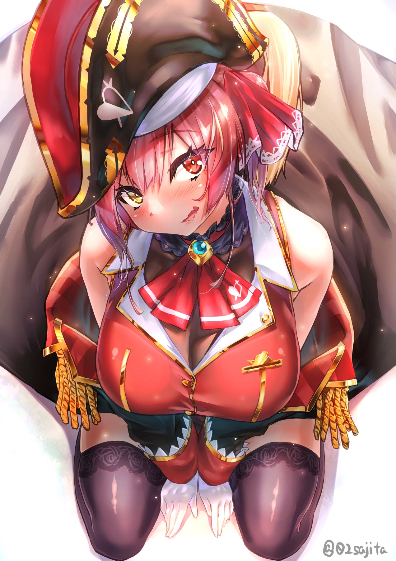 02sajita, 1girls, arms between legs, bare shoulders, blush, breasts, buttons, clothed, eyebrows visible through hair, female, female only, gloves, hair ribbon, heterochromia, hololive, hololive fantasy, hololive japan, houshou marine, huge breasts, jewelry, large breasts, looking at viewer, looking up, pirate hat, red eyes, red hair, sitting, thigh gap, thighhighs, virtual youtuber, yellow eyes