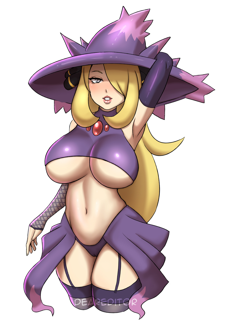 1girls, alternate breast size, armpits, big breasts, blonde hair, breasts, cosplay, cynthia (pokemon), deareditor, female, gloves, hair ornament, halloween, large breasts, long hair, mismagius (cosplay), nintendo, pokemon, pokemon (cosplay), pokemon dppt, solo, standing, thick thighs, thighhighs, thighs, white background, wide hips