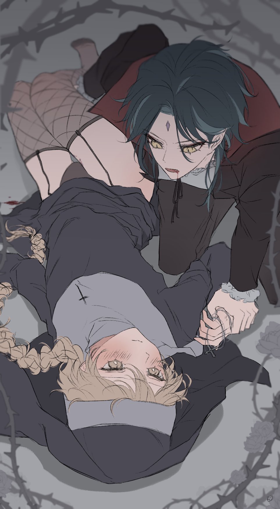 2boys, aether (genshin impact), artist request, blonde hair, genshin impact, green hair, halloween, legs, male, male only, monster, vampire, xiao (genshin impact), yaoi
