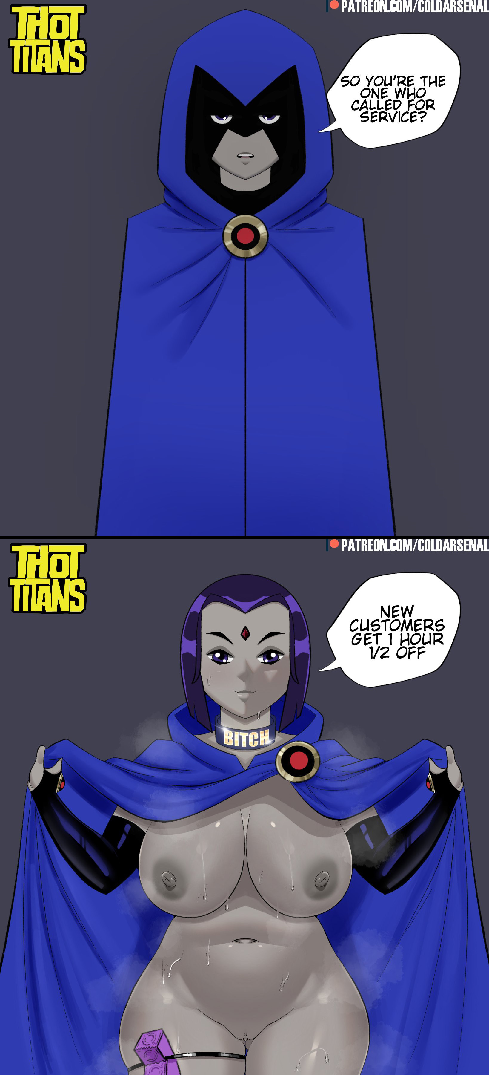 1girls, areolae, big breasts, bitch collar, breasts, busty, choker, cloak, coldarsenal, collar, comic, condom, condom wrapper, dc, dc comics, dialogue, edit, elbow gloves, exhibitionism, female, female focus, female only, flashing, goth, hood, hooded cloak, hourglass figure, large breasts, navel, nipples, prostitution, purple eyes, purple hair, pussy, rachel roth, raven (dc), shaved pussy, short hair, slut collar, solo, standing, sweat, tagme, teen titans, text, thighlet, thot titans, vagina, wide hips