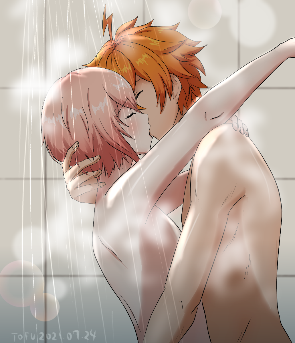 2boys aaside argonavis_from_bang_dream! blush colored cute height_difference kaminoshima_fuuta kissing male/male male_only naked orange_hair pink_hair shower shower_kiss steam steaming_body wakakusa_aoi