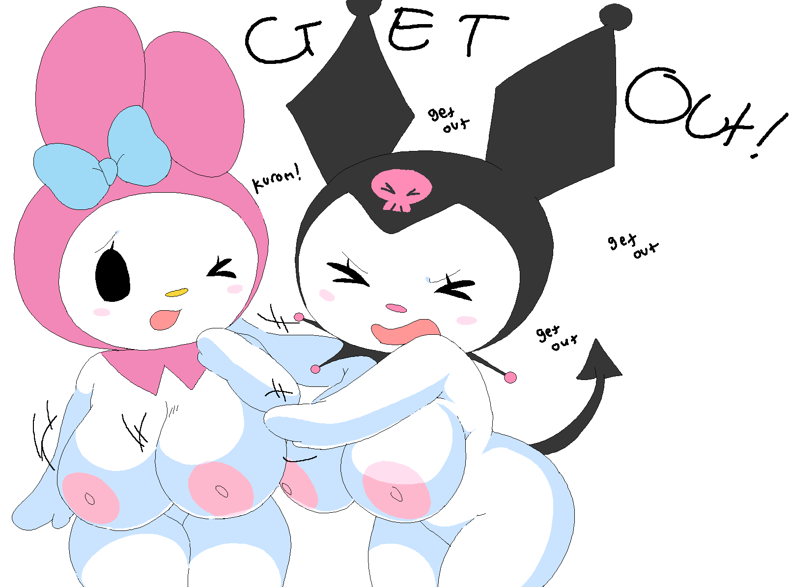 breasts, closed eyes, dream-cassette, female, hips, hoshime, huge breasts, kuromi, large breasts, mob face, my melody, one eye closed, onegai my melody, sanrio, shortstack, tail, text