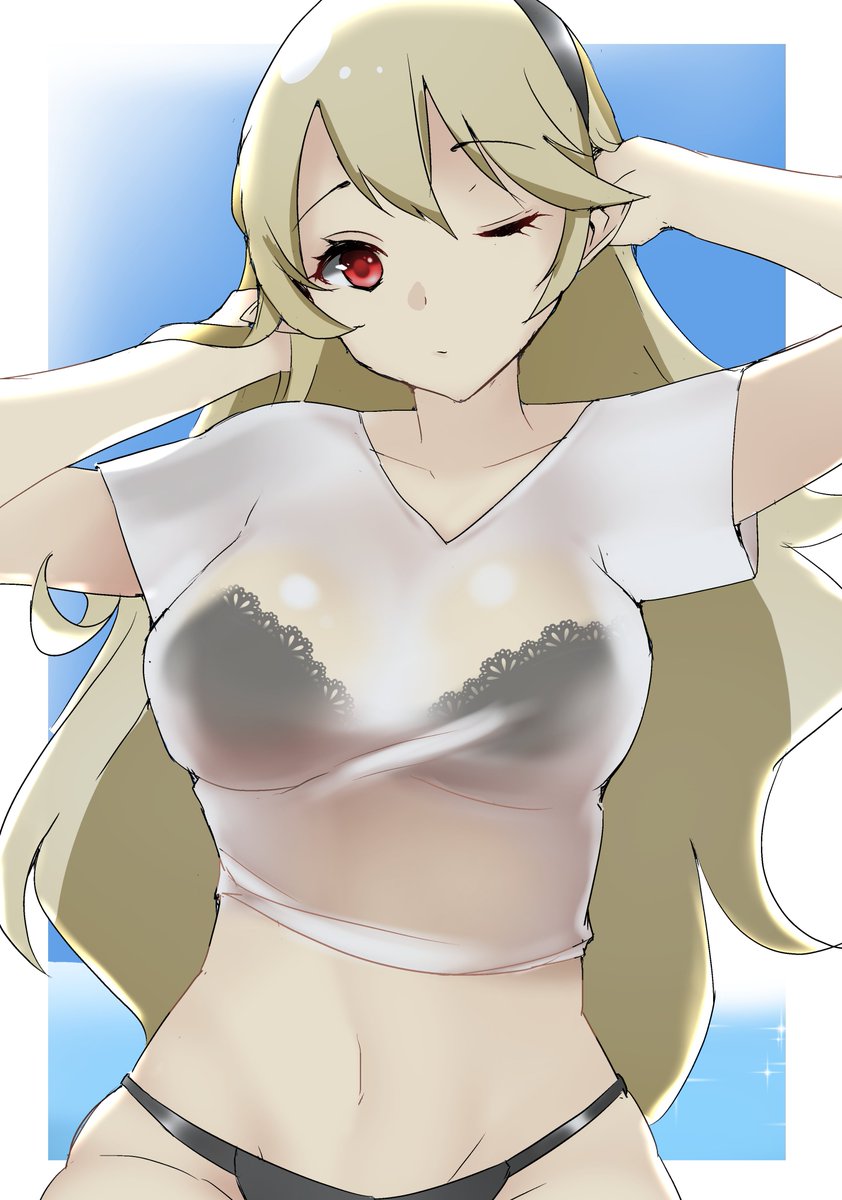 1340smile, 1girls, bare midriff, black panties, blonde hair, bra, corrin (fire emblem), corrin (fire emblem) (female), female, fire emblem, fire emblem fates, hairband, long hair, looking at viewer, midriff, nintendo, one eye closed, panties, pointy ears, red eyes, see-through, shirt, short sleeves, solo, underwear, very long hair