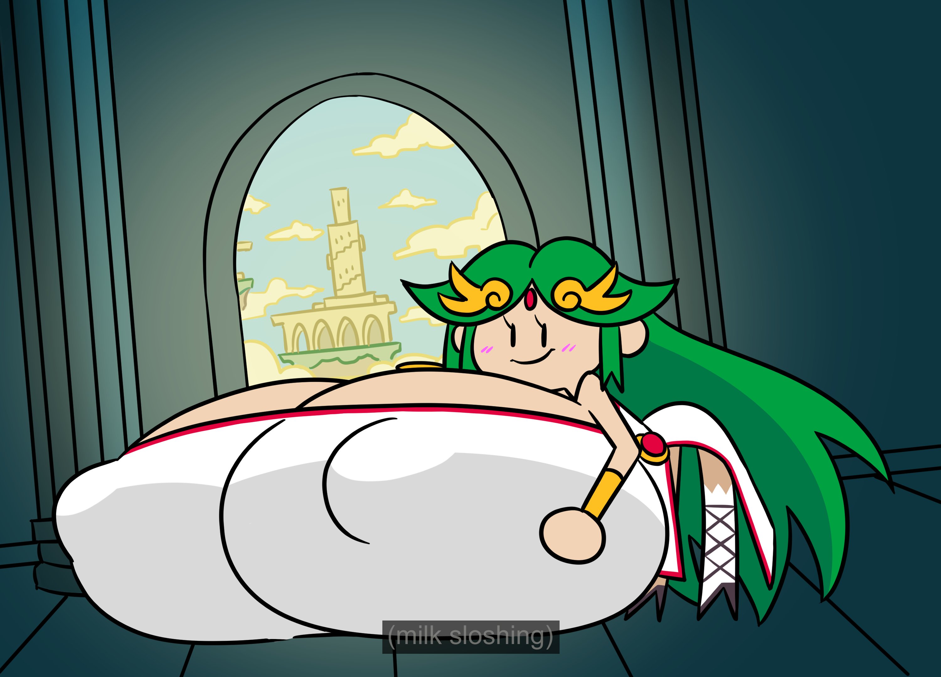 1boy, 1girls, alternate breast size, big breasts, breast expansion, breast growth, breast growth (enlargement), breasts, clothed, crushed, crushed by breasts, crushing, dress, female, goddess, green hair, huge breasts, indoors, kid icarus, kid icarus uprising, male, matsu-sensei, nintendo, on model, palutena, pit, pit (kid icarus), style parody, terminalmontage, text, text box