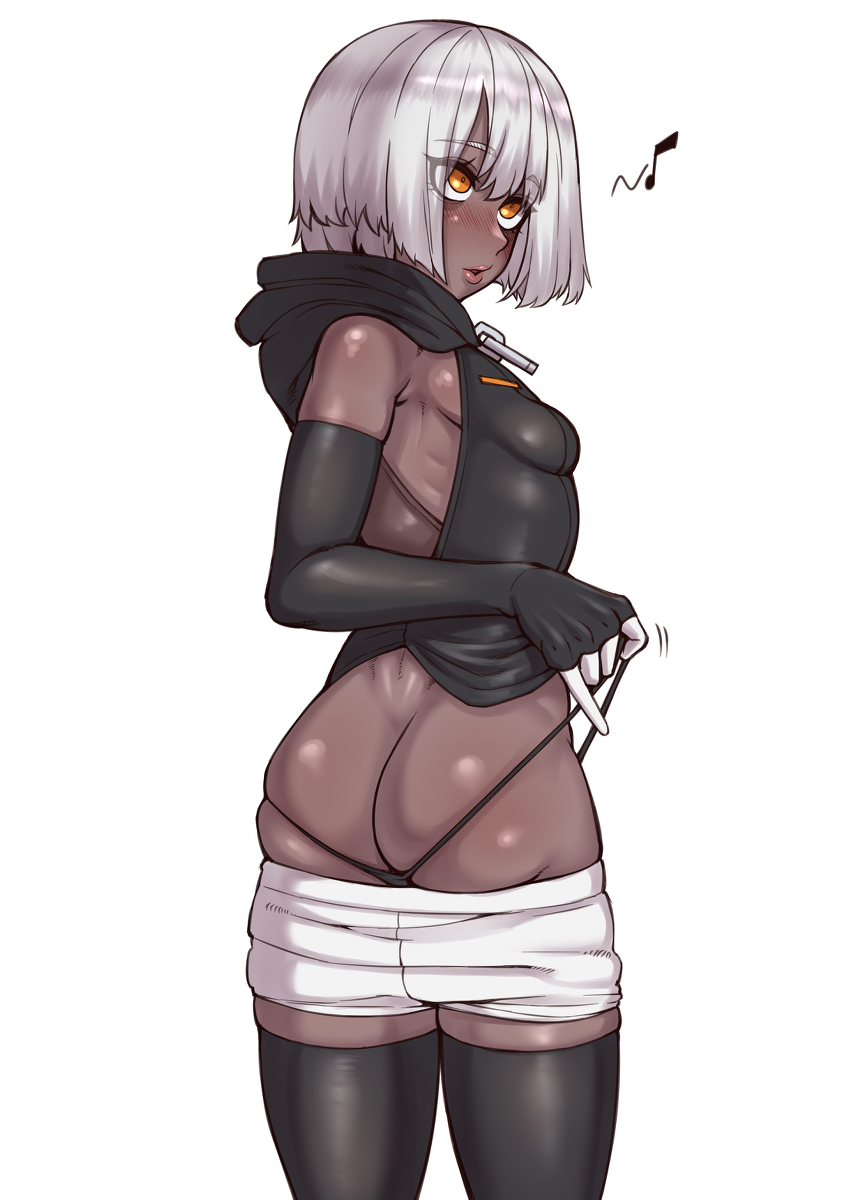 1girls, ass, blush, breasts, dark skin, dark-skinned female, ebonyxh, female, orange eyes, petite, punishing: gray raven, robot girl, shiny skin, short hair, small breasts, sophia (punishing: gray raven), whistle, white hair