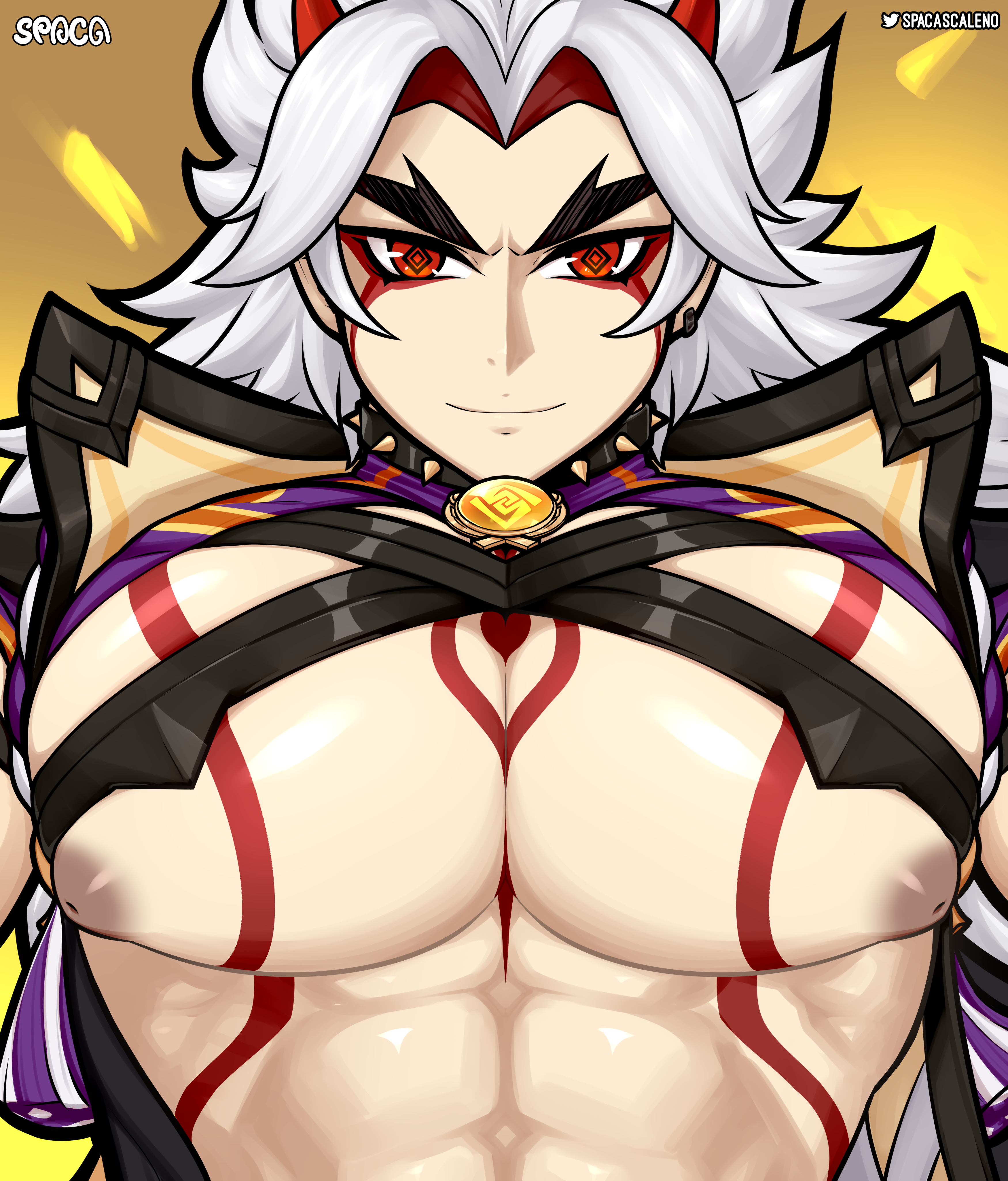 1boy, arataki itto, big nipples, big pecs, genshin impact, male, male only, red eyes, simple background, solo, spaca, white hair