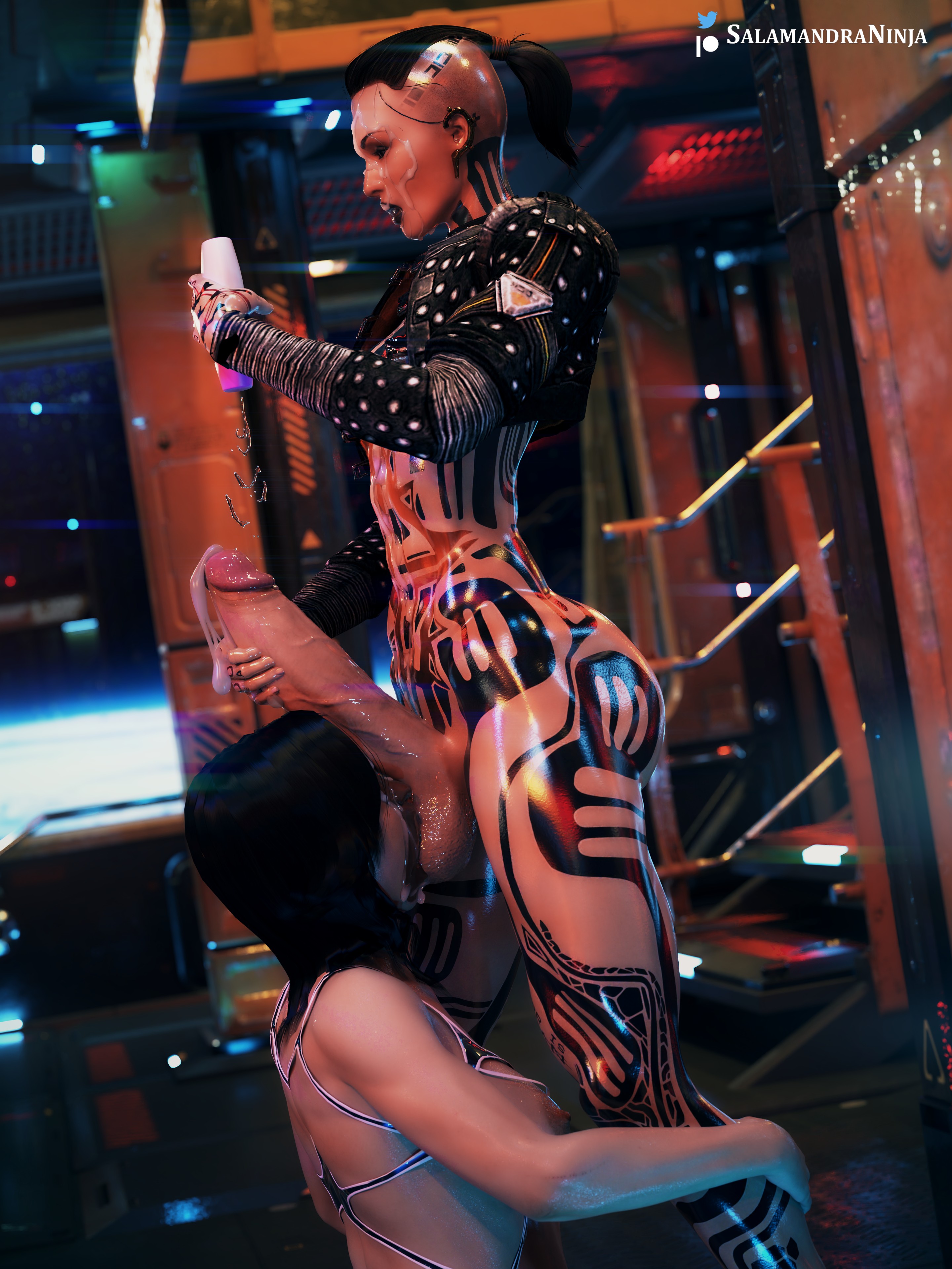 3d, balls, cum, cum on face, female, futa on female, futanari, intersex, jack (mass effect), lube bottle, mass effect, miranda lawson, salamandraninja, sucking balls, sucking testicles, testicles