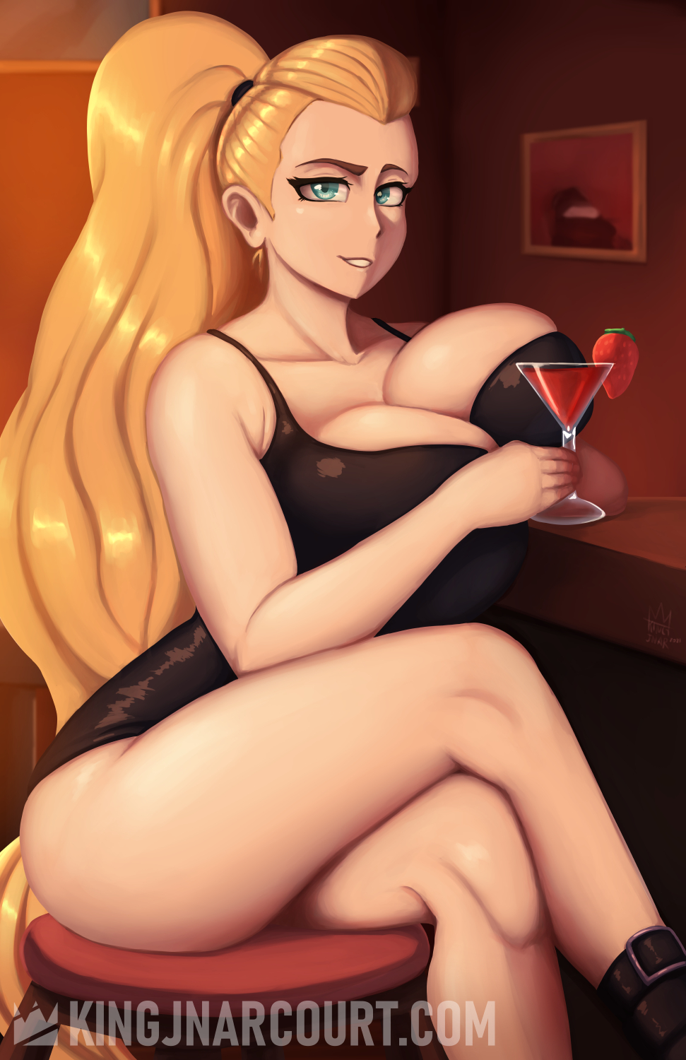 1girls, adora, alcohol, bar, big breasts, black dress, blonde female, blonde hair, blue eyes, breasts, breasts bigger than head, chair, cleavage, cocktail, cocktail glass, commission, crossed legs, dress, drink, drinking glass, female, female only, huge breasts, hyper breasts, kingjnar, long hair, long ponytail, looking at viewer, minidress, ponytail, seductive, she-ra and the princesses of power, short dress, sitting on chair, smile, solo, solo female, strawberry, thick thighs, very long hair