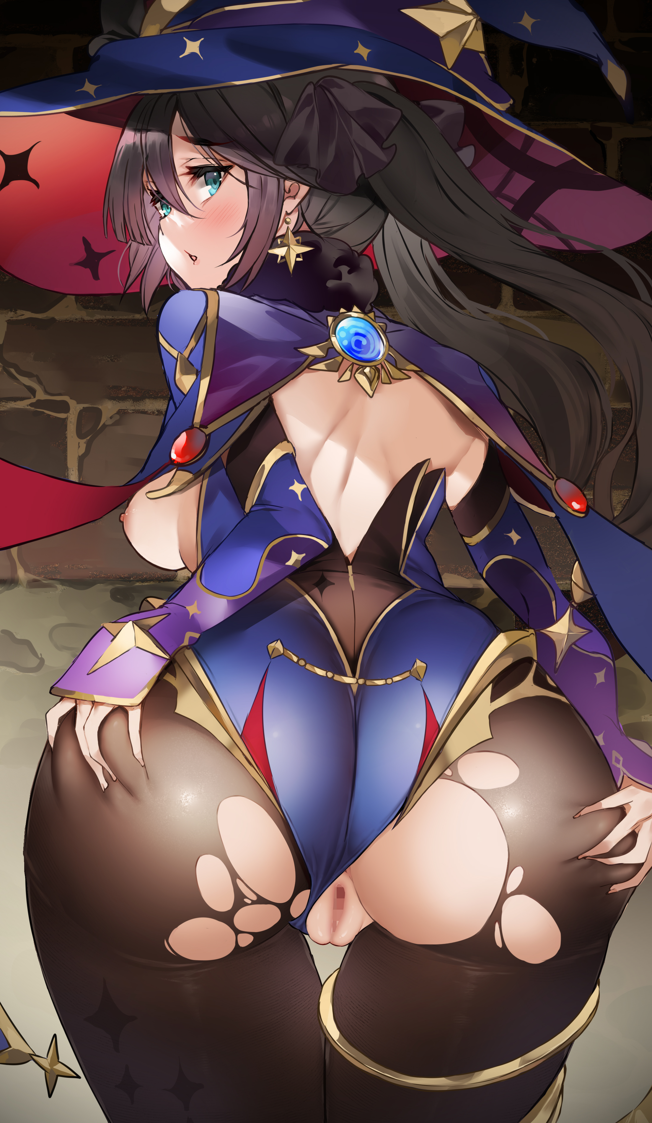 1girls, ass, big ass, big breasts, big butt, blue eyes, breasts, censored, eye contact, female, fully clothed, genshin impact, grabbing own ass, ken (coffee michikusa), leotard, looking at viewer, looking back, mona (genshin impact), mosaic censoring, pantyhose, pussy, ripped clothing, ripped pantyhose, solo, standing, thick ass, thick thighs, thighs, twintails, witch hat