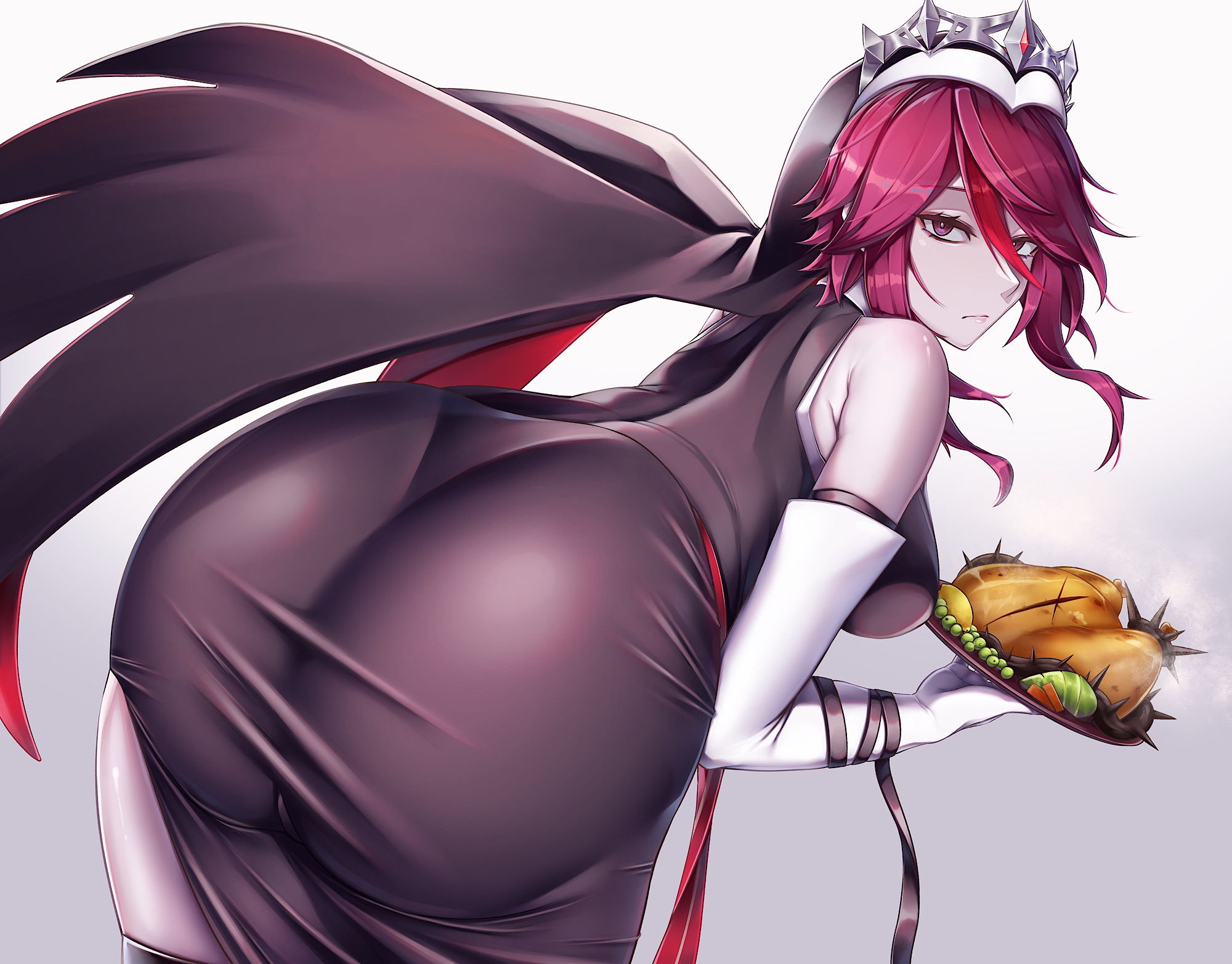 1girls, ass, big ass, eye contact, female, genshin impact, huge ass, large ass, long hair, looking at viewer, mirmir, red hair, rosaria (genshin impact), solo, thick ass, thick thighs, thighs, tight clothing
