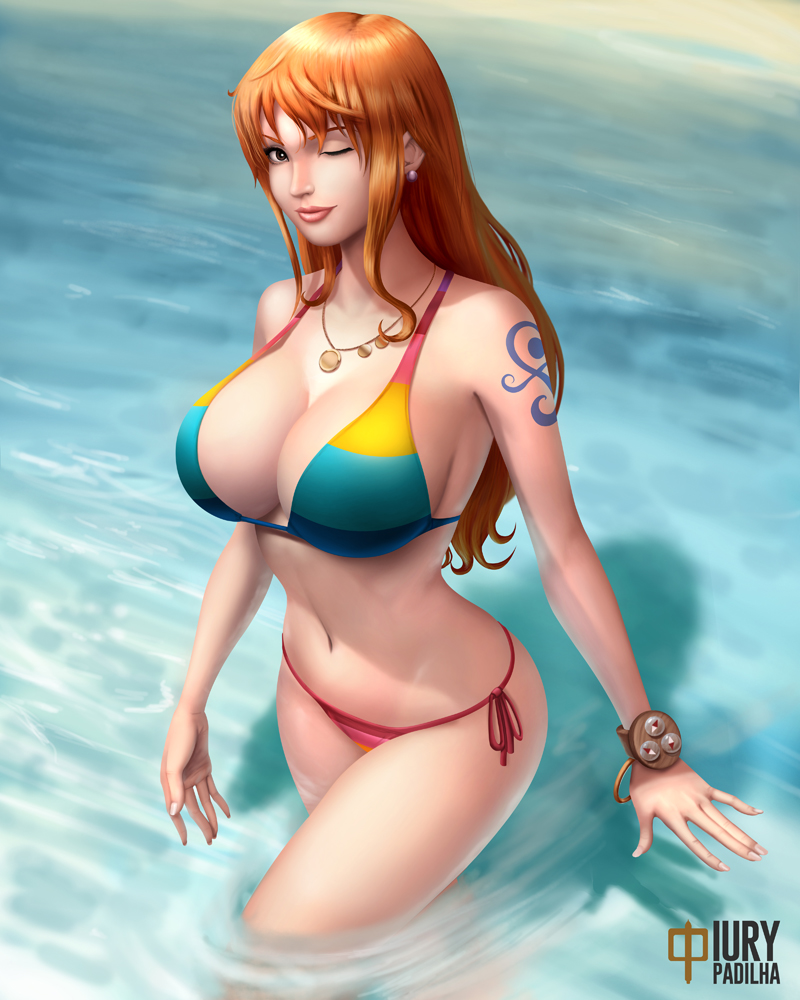 beach big_breasts bikini bracelet breasts brown_eyes busty cleavage earrings female female_only human iury_padilha large_breasts log_pose long_hair looking_at_viewer nami navel necklace one_piece one_piece_film_z orange_hair parted_lips post-timeskip rainbow_bikini solo swimsuit tagme tattoo voluptuous wading water wink winking_at_viewer