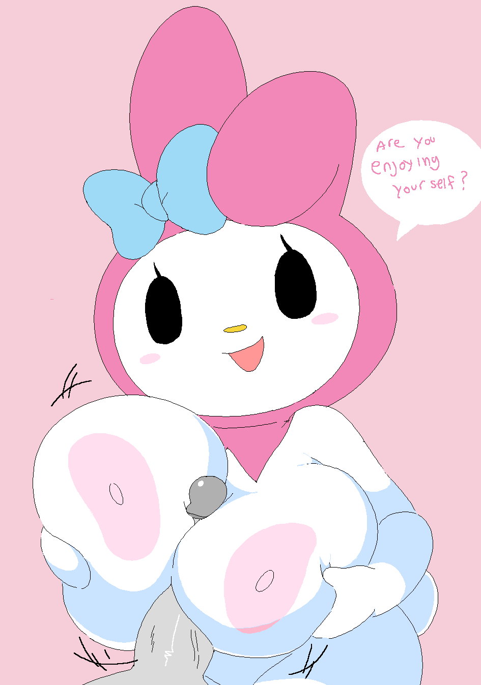 anthro big_breasts breasts dialogue dream-cassette english_text female fur furry hoshime huge_breasts jiggle jiggling_breasts large_breasts male male/female mob_face my_melody onegai_my_melody paizuri penis sanrio shortstack text text_bubble