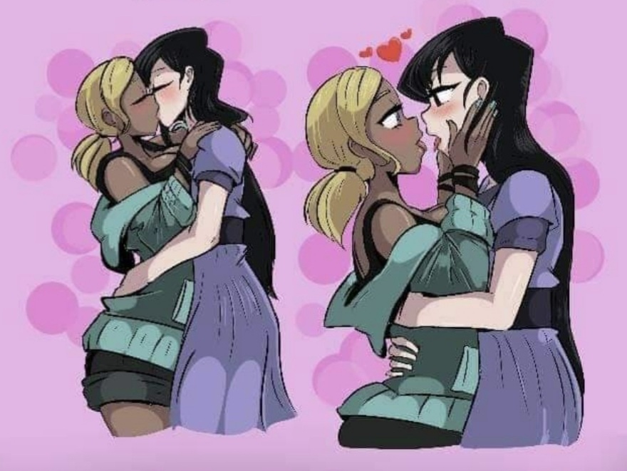 2girls, bapboop, black hair, blonde hair, blush, closed eyes, cute, dark skin, dark-skinned female, female, gyaru, hearts, kissing, komi shouko, komi-san wa komyushou desu, manbagi rumiko, multiple females, multiple girls, yuri
